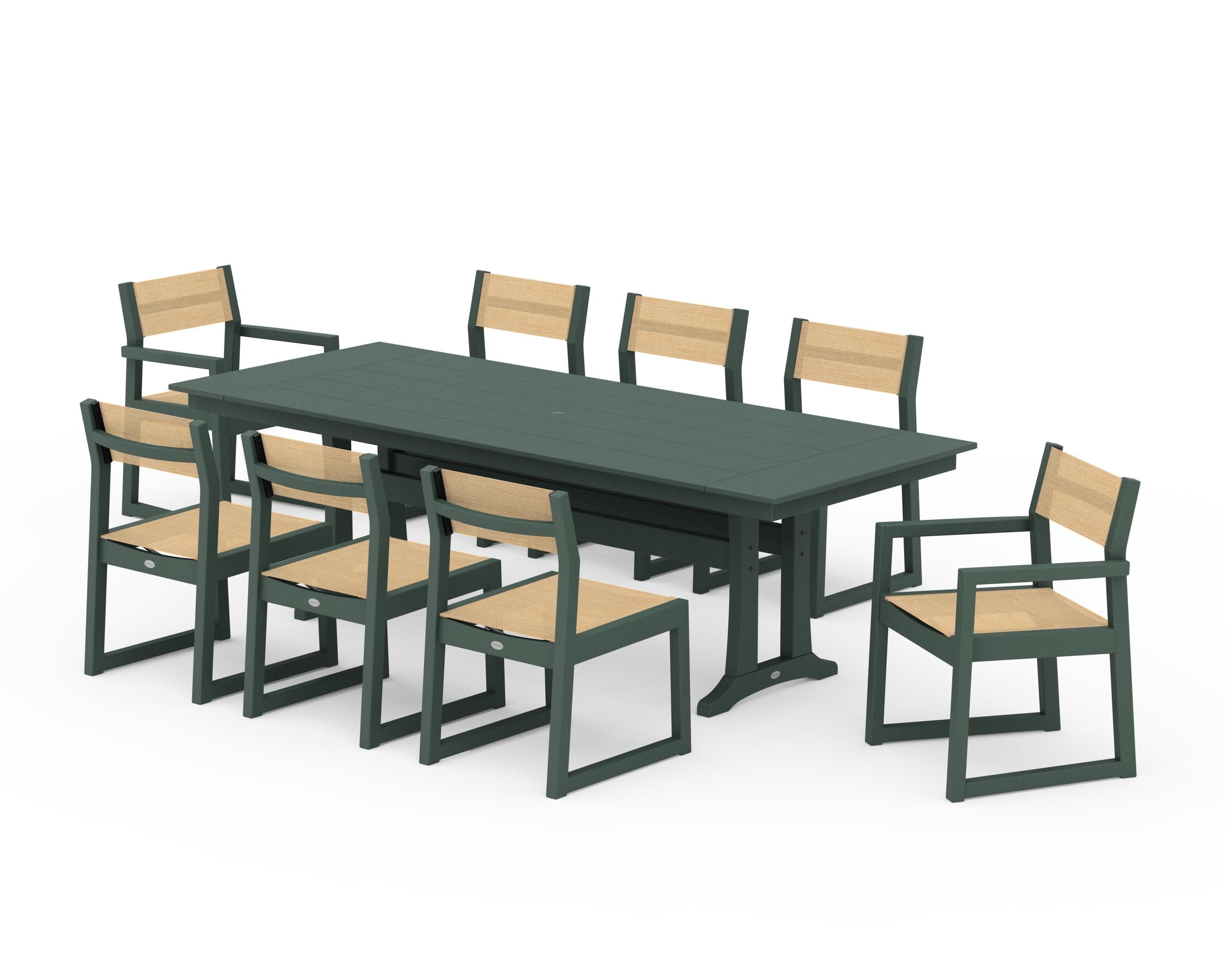 EDGE Sling 9-Piece Farmhouse Trestle Dining Set in Green / Dupioni Apricot Sling