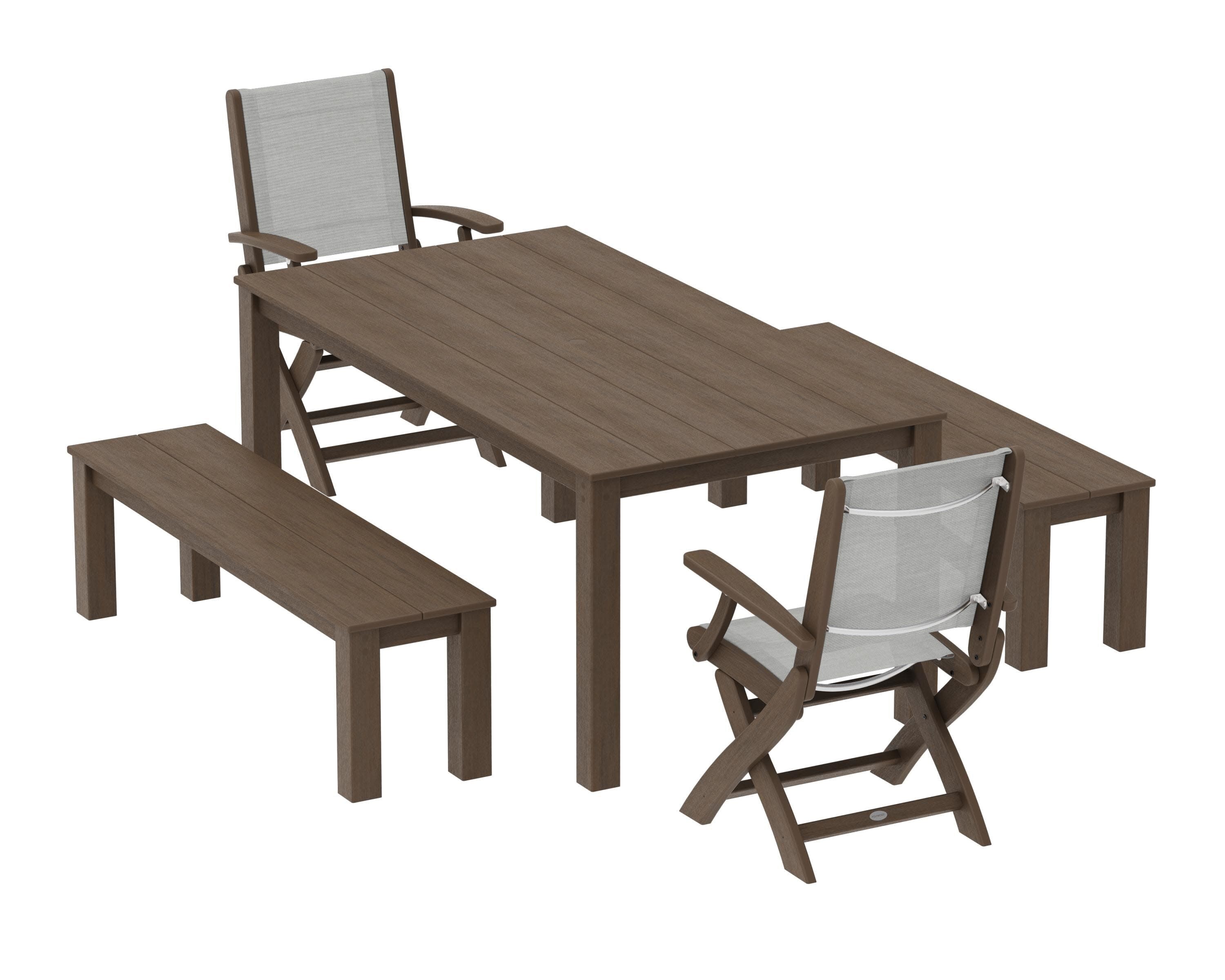Coastal Folding Chair 5-Piece Parsons Dining Set with Benches in Kona / Metallic Sling