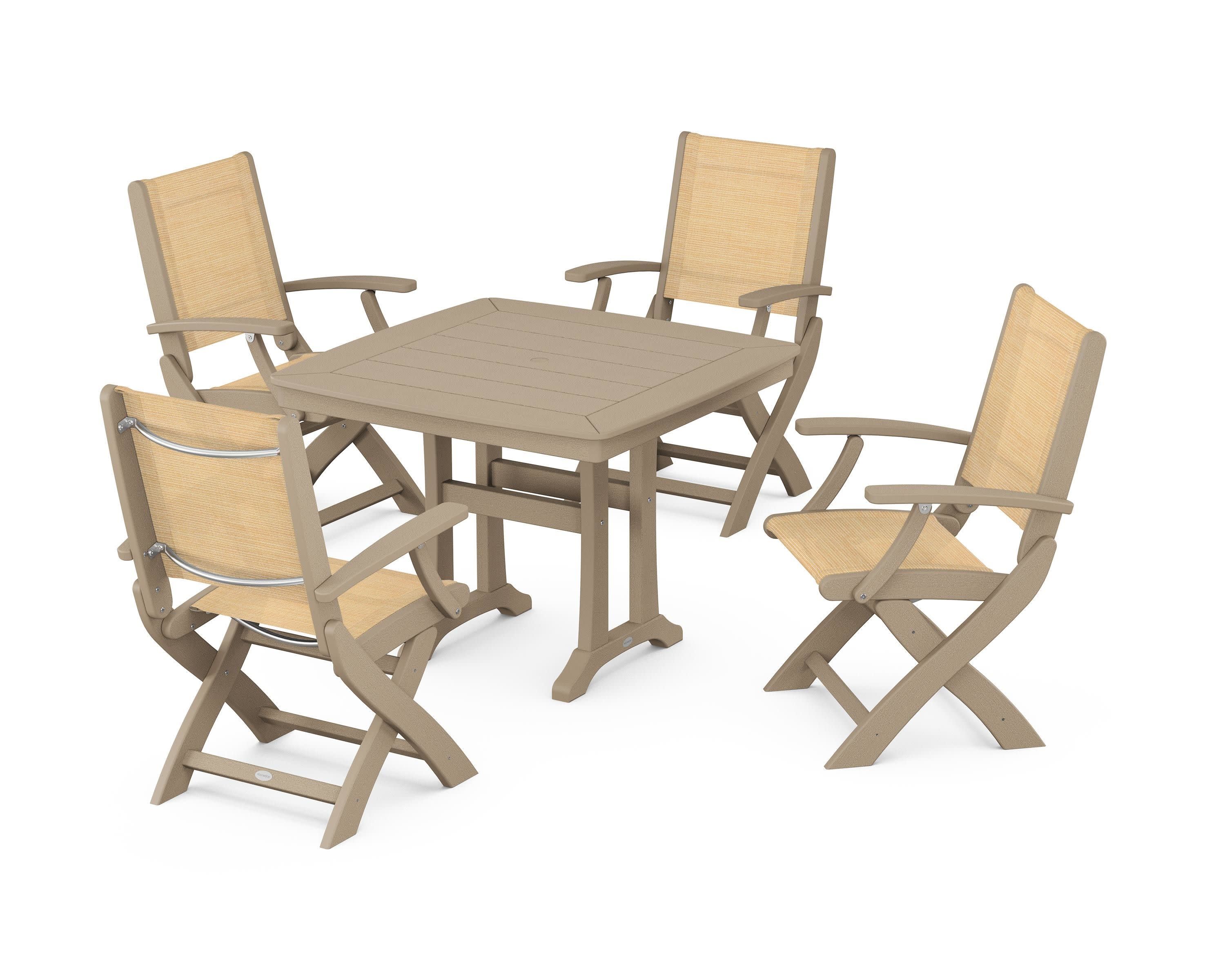 Coastal Folding Chair 5-Piece Dining Set with Trestle Legs in Vintage Sahara / Dupioni Apricot Sling