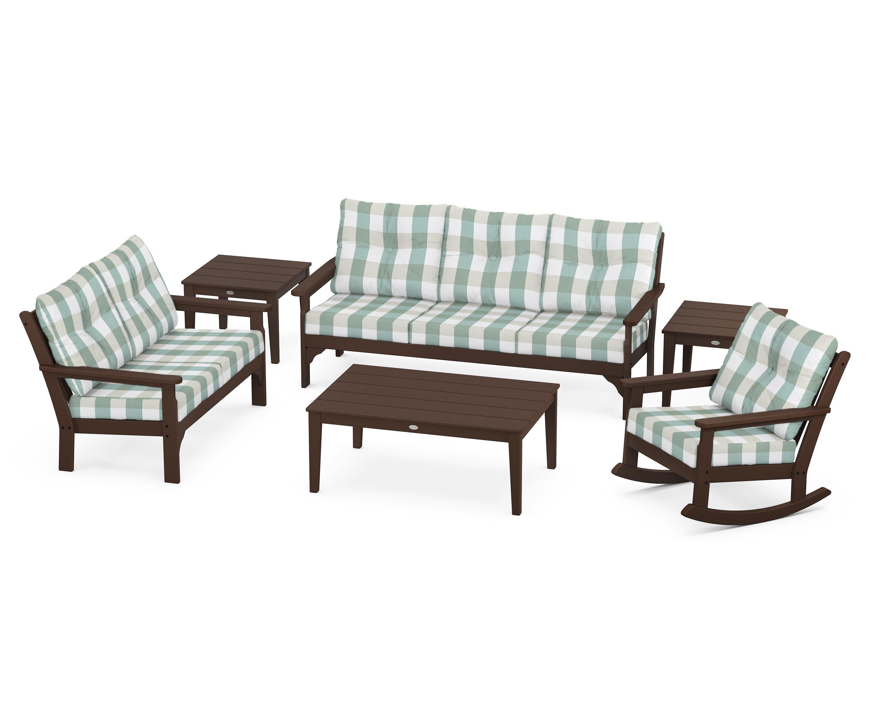 Vineyard 6-Piece Deep Seating Set in Mahogany / Buffalo Plaid Glacier Spa