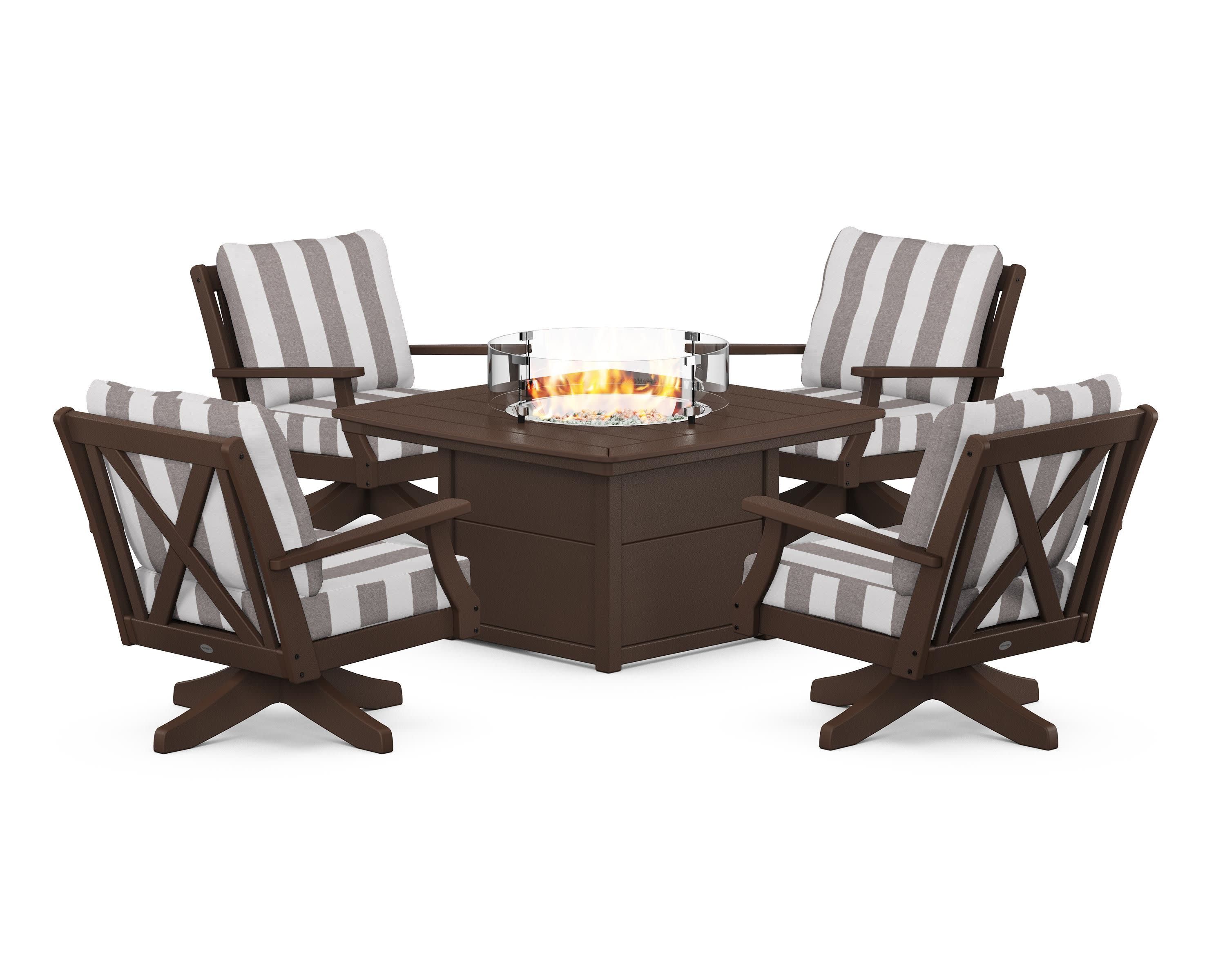 Braxton 5-Piece Deep Seating Swivel Conversation Set with Fire Pit Table in Mahogany / Cabana Stripe Grey Mist