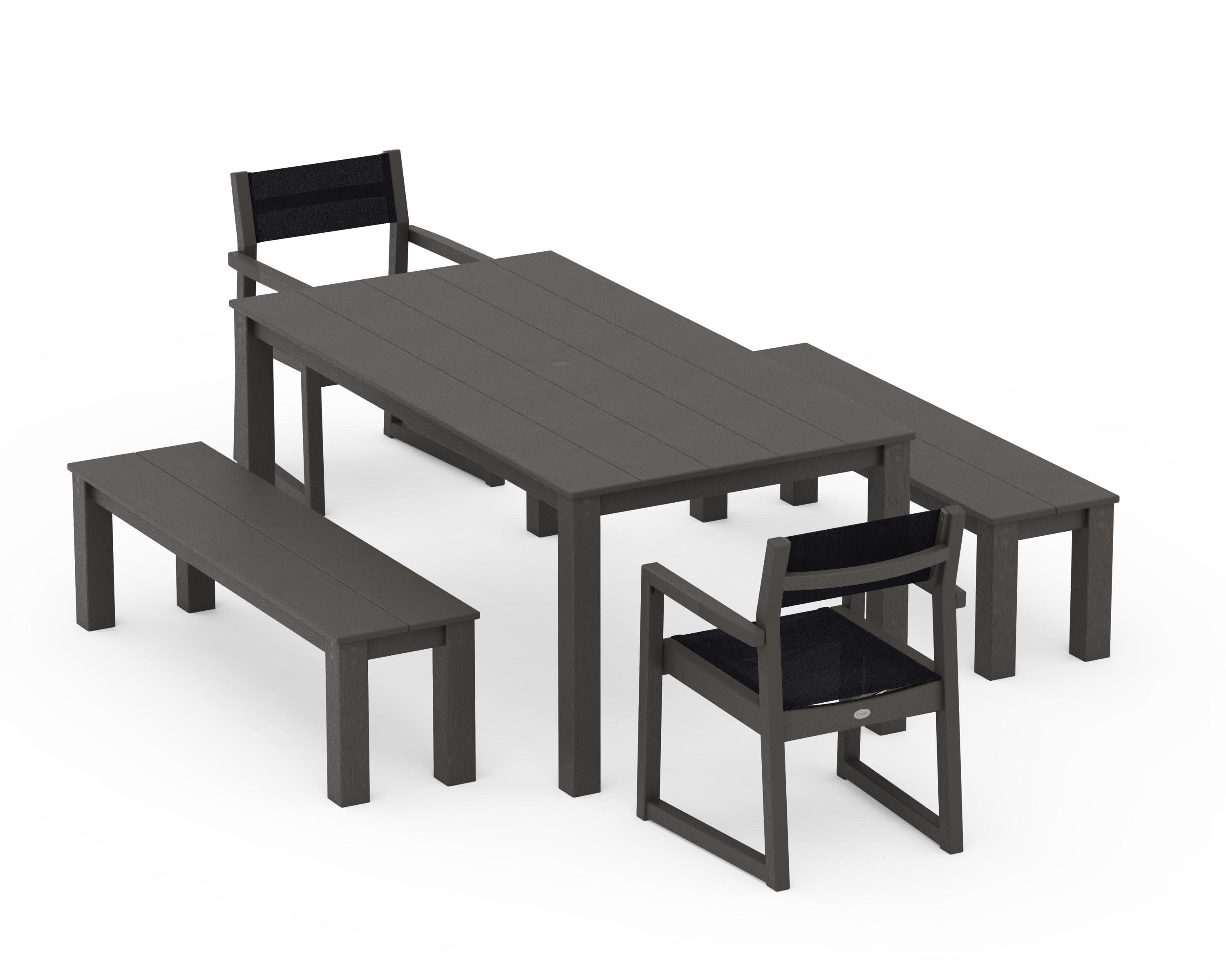 EDGE Sling Arm Chair 5-Piece Parsons Dining Set with Benches in Vintage Coffee / Black Sling