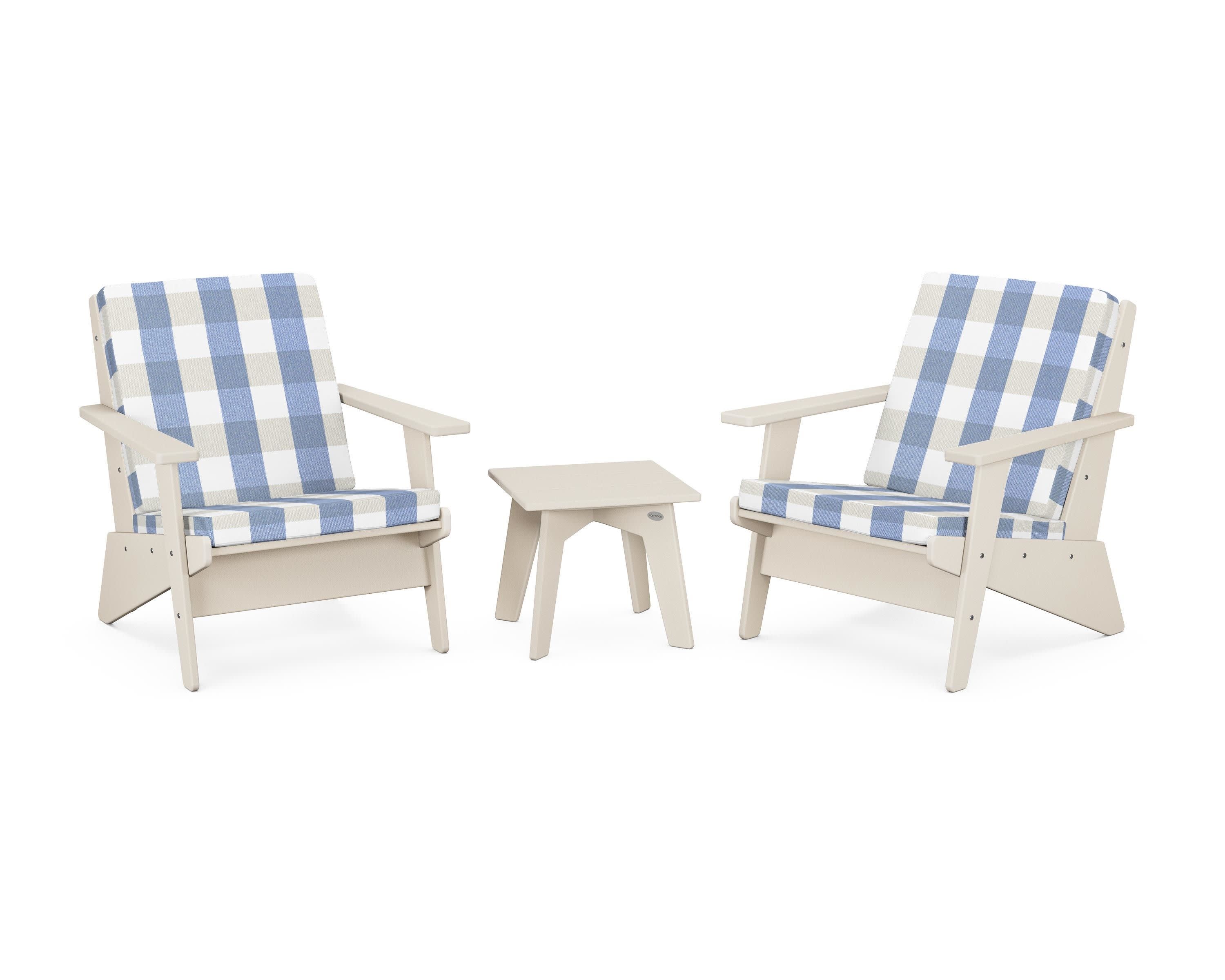Riviera Modern Lounge 3-Piece Set in Sand / Buffalo Plaid Sky Blue