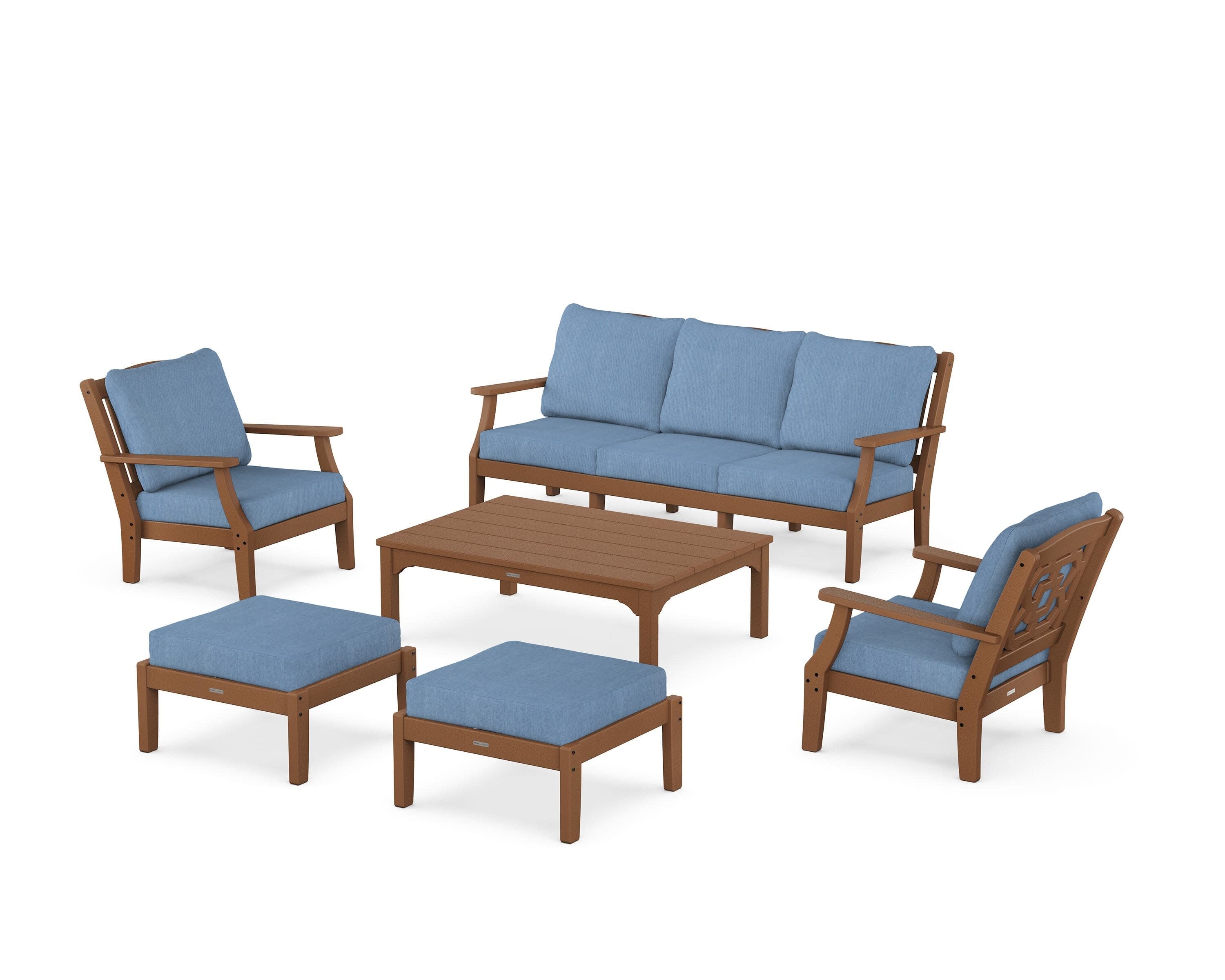 Chinoiserie 6-Piece Lounge Sofa Set in Teak / Sky Blue