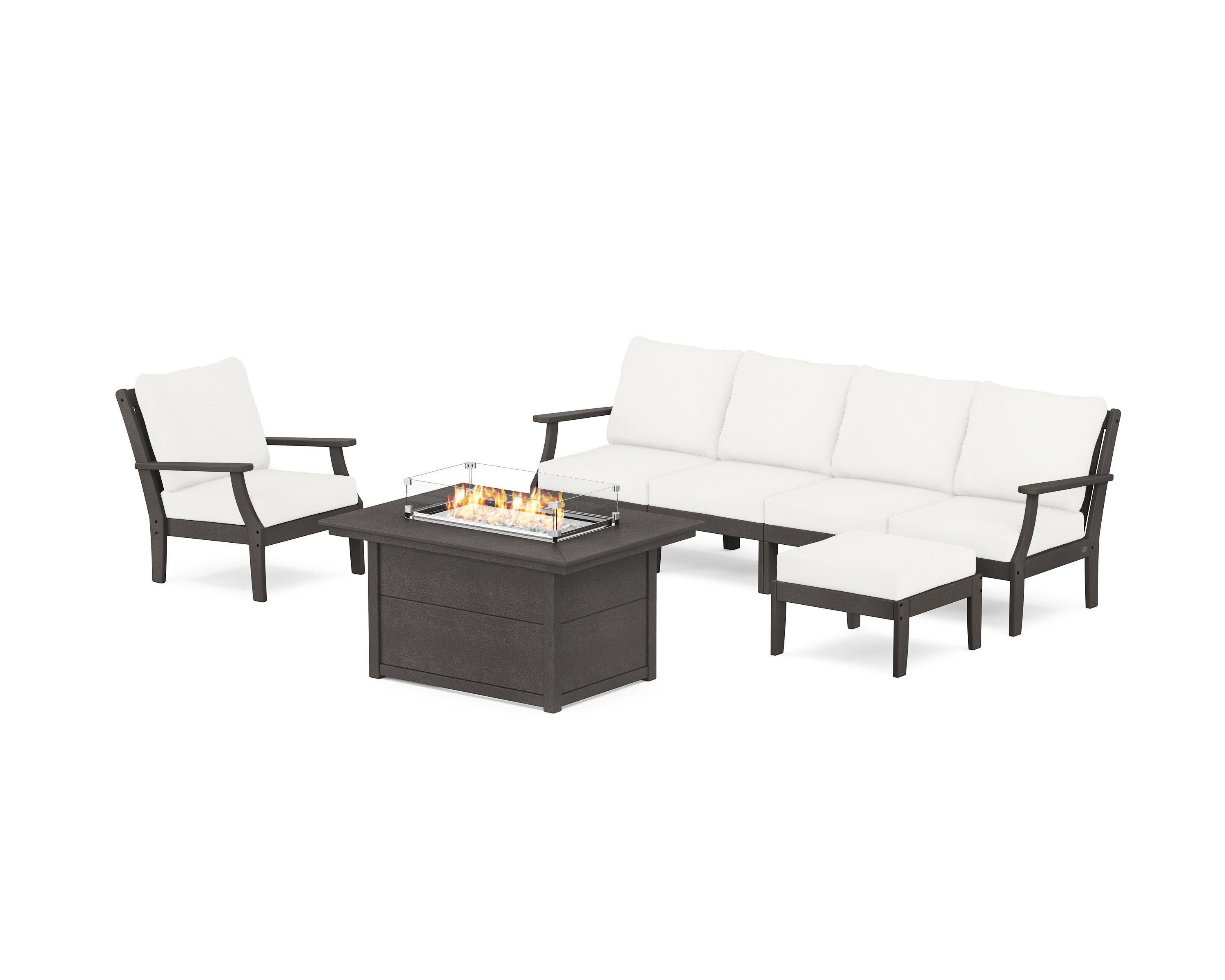 Braxton Sectional Lounge and Fire Pit Set in Vintage Coffee / Natural Linen