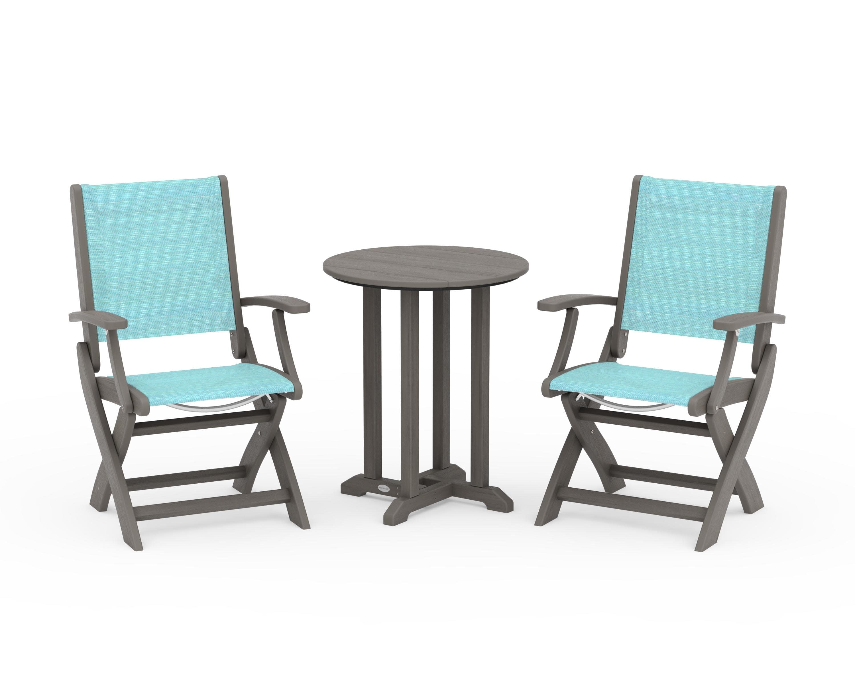 Coastal Folding 3-Piece Round Bistro Dining Set in Driftwood / Dupioni Aquamarine Sling