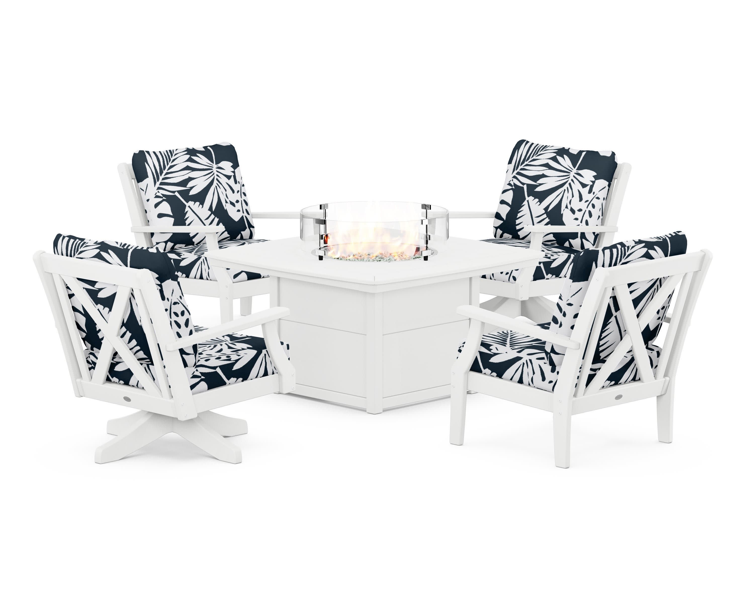 Braxton 5-Piece Deep Seating Set with Fire Table in White / Leaf Marine Indigo