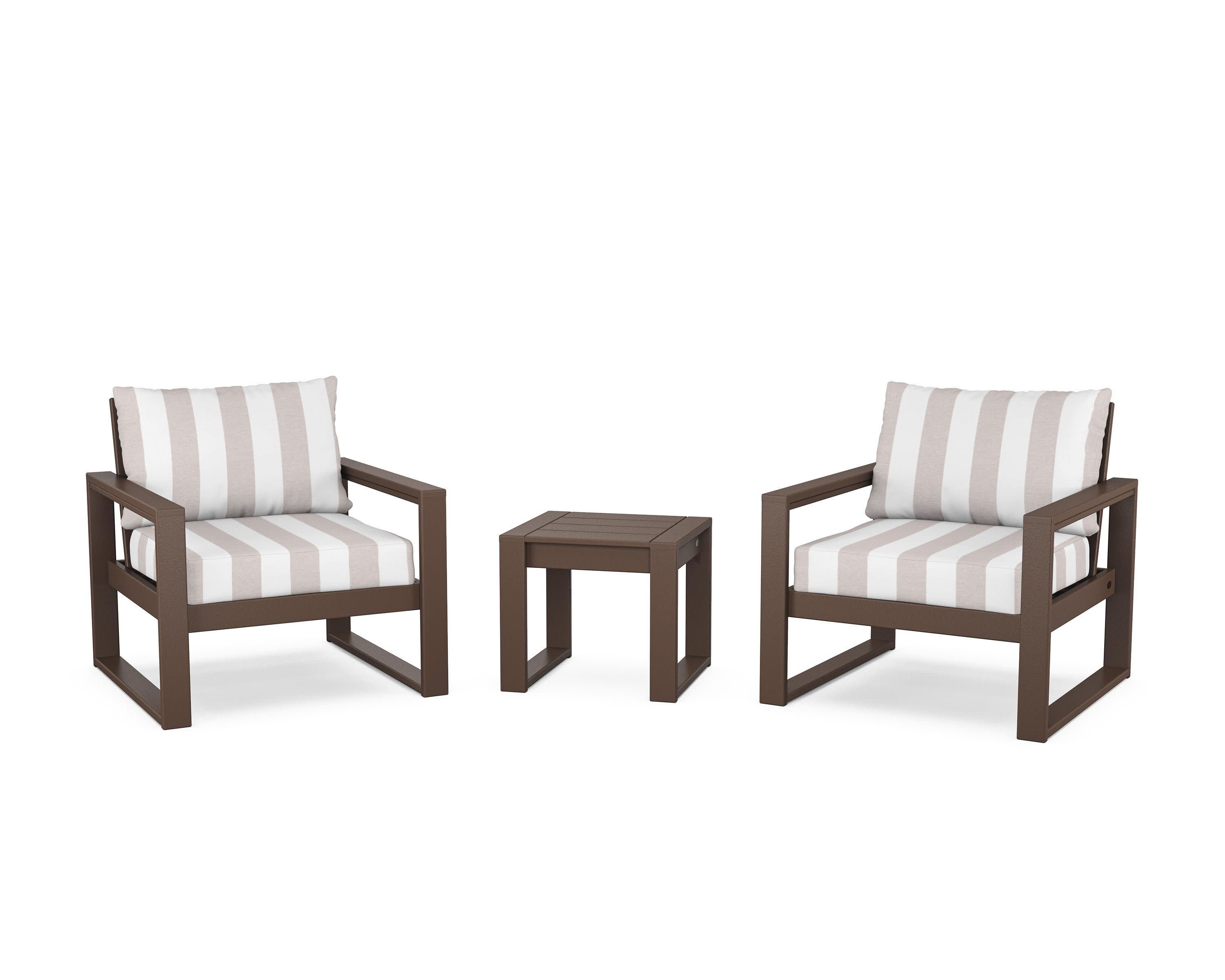 EDGE Sectional 3-Piece Deep Seating Set in Mahogany / Cabana Stripe Dune Burlap