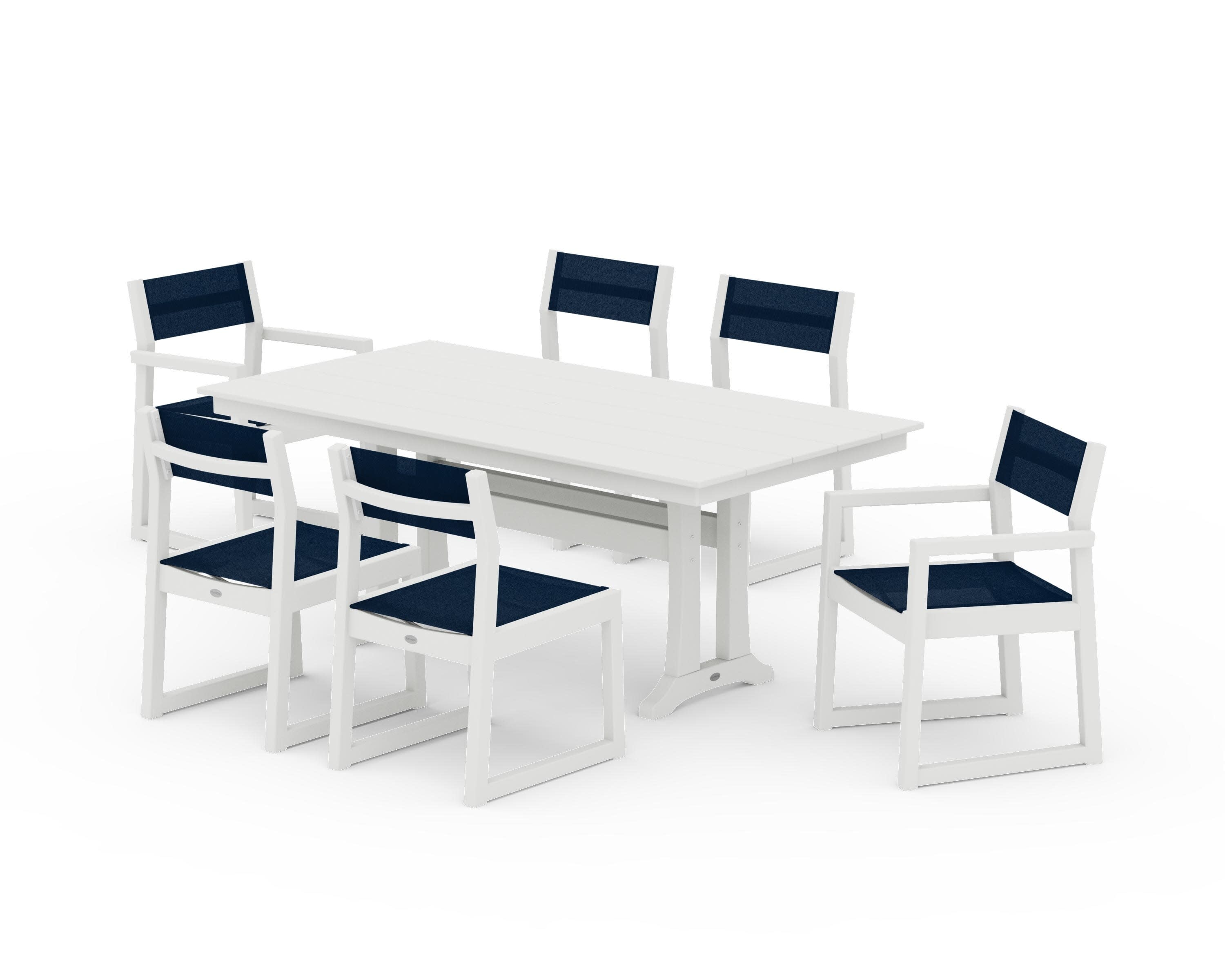 EDGE Sling 7-Piece Farmhouse Trestle Dining Set in Vintage White / Navy Blue Sling
