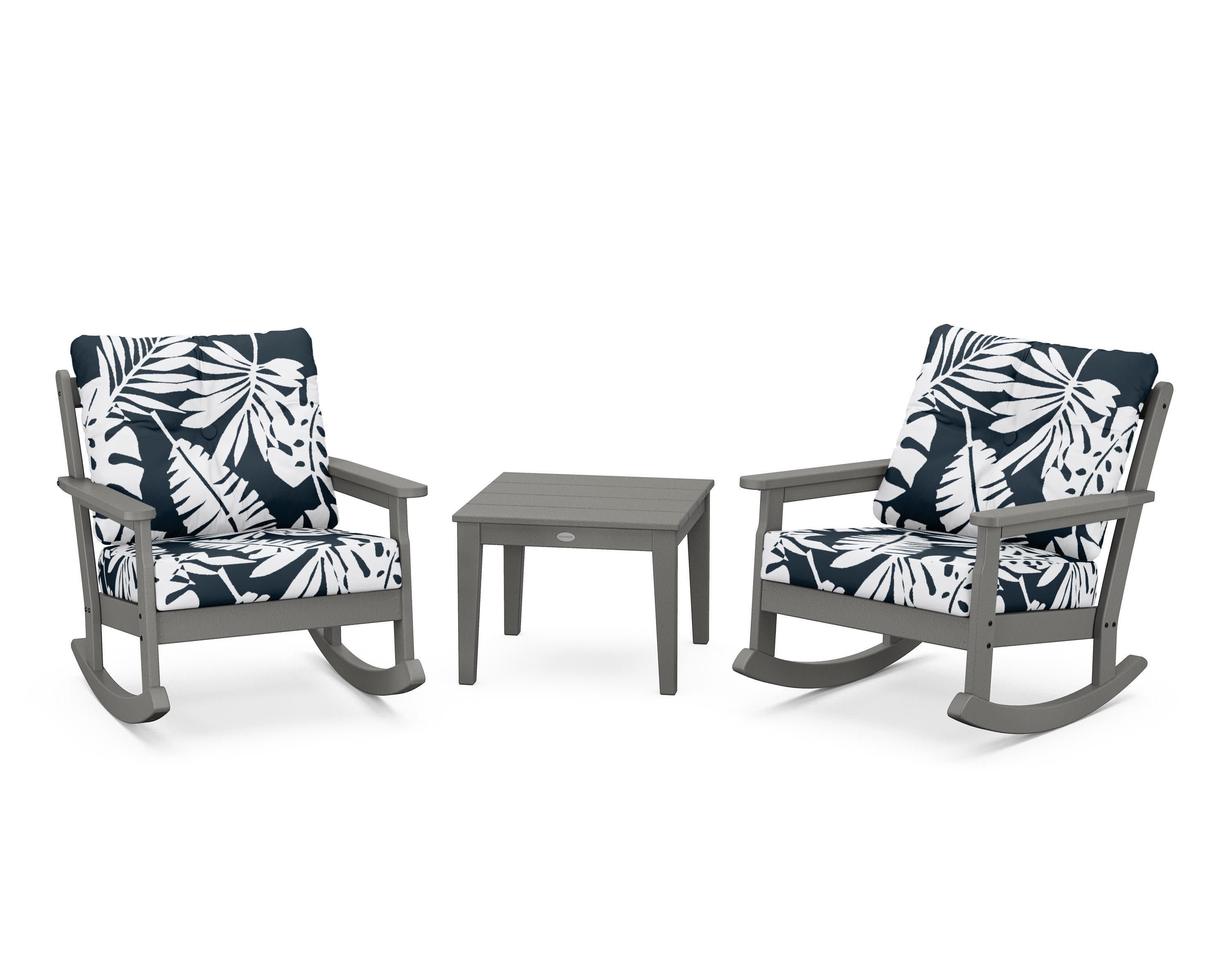 Vineyard 3-Piece Deep Seating Rocker Set in Slate Grey / Leaf Marine Indigo