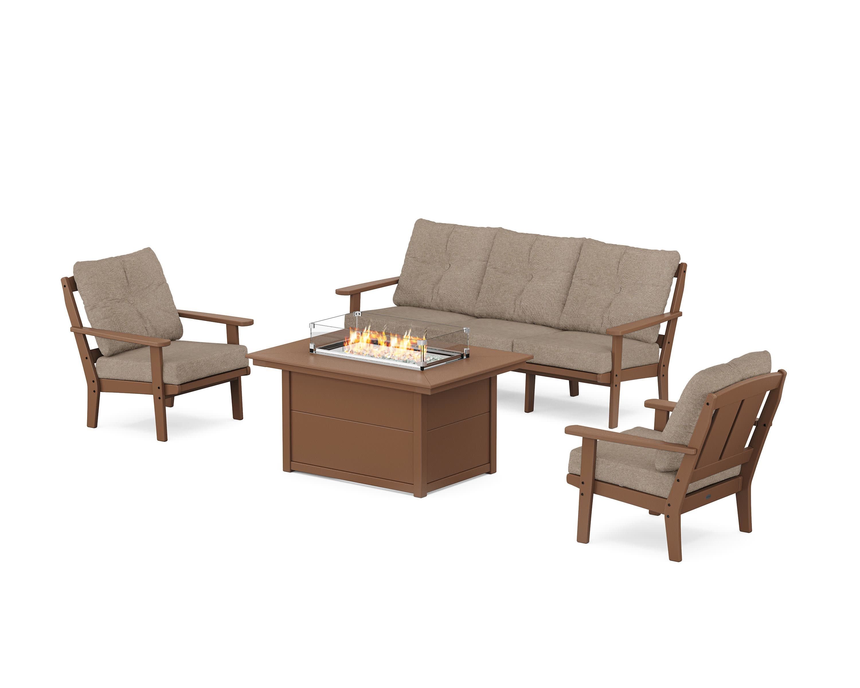 Mission Deep Seating Fire Pit Table Set in Teak / Spiced Burlap