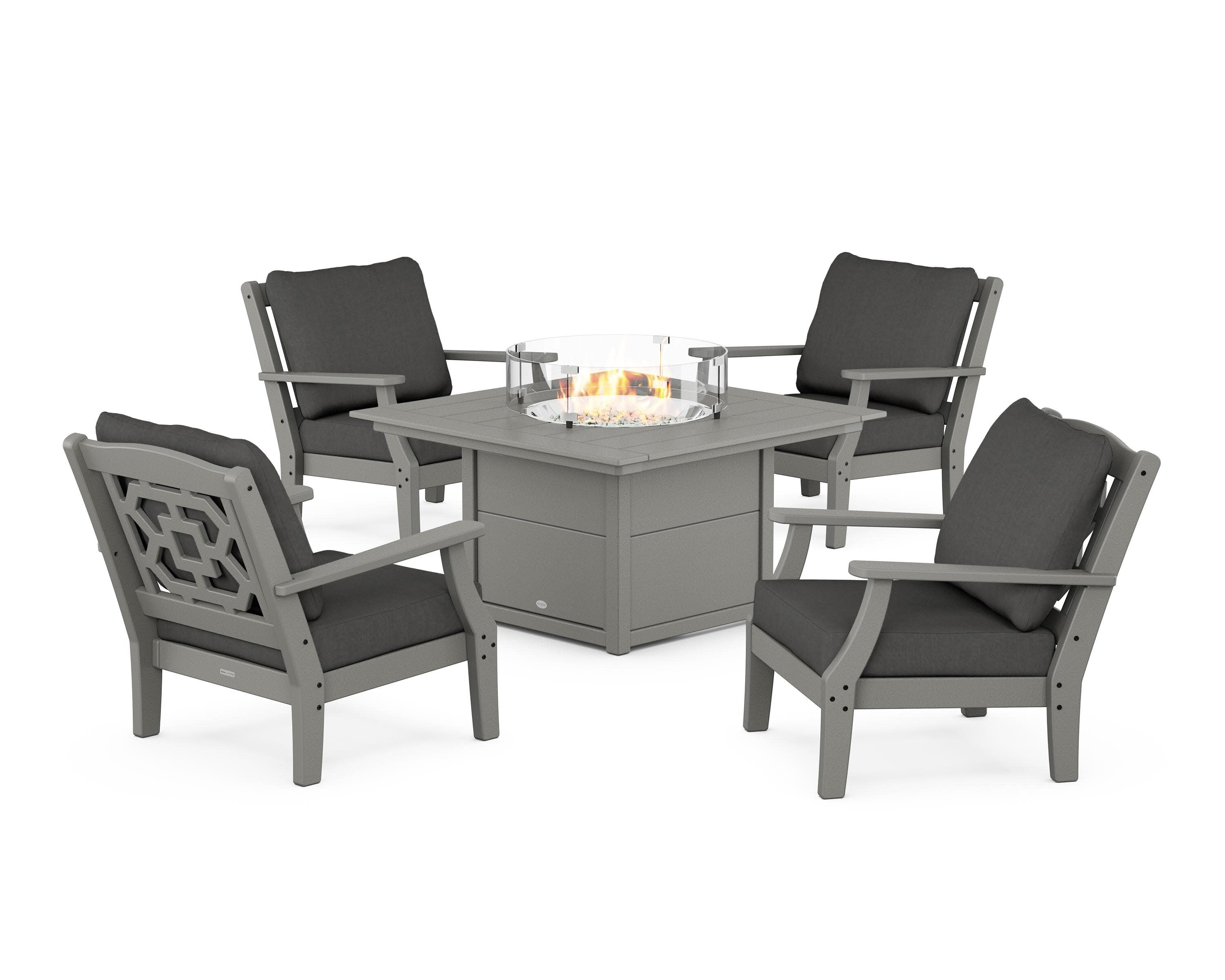 Chinoiserie 5-Piece Deep Seating Set with Fire Pit Table in Slate Grey / Spectrum Carbon