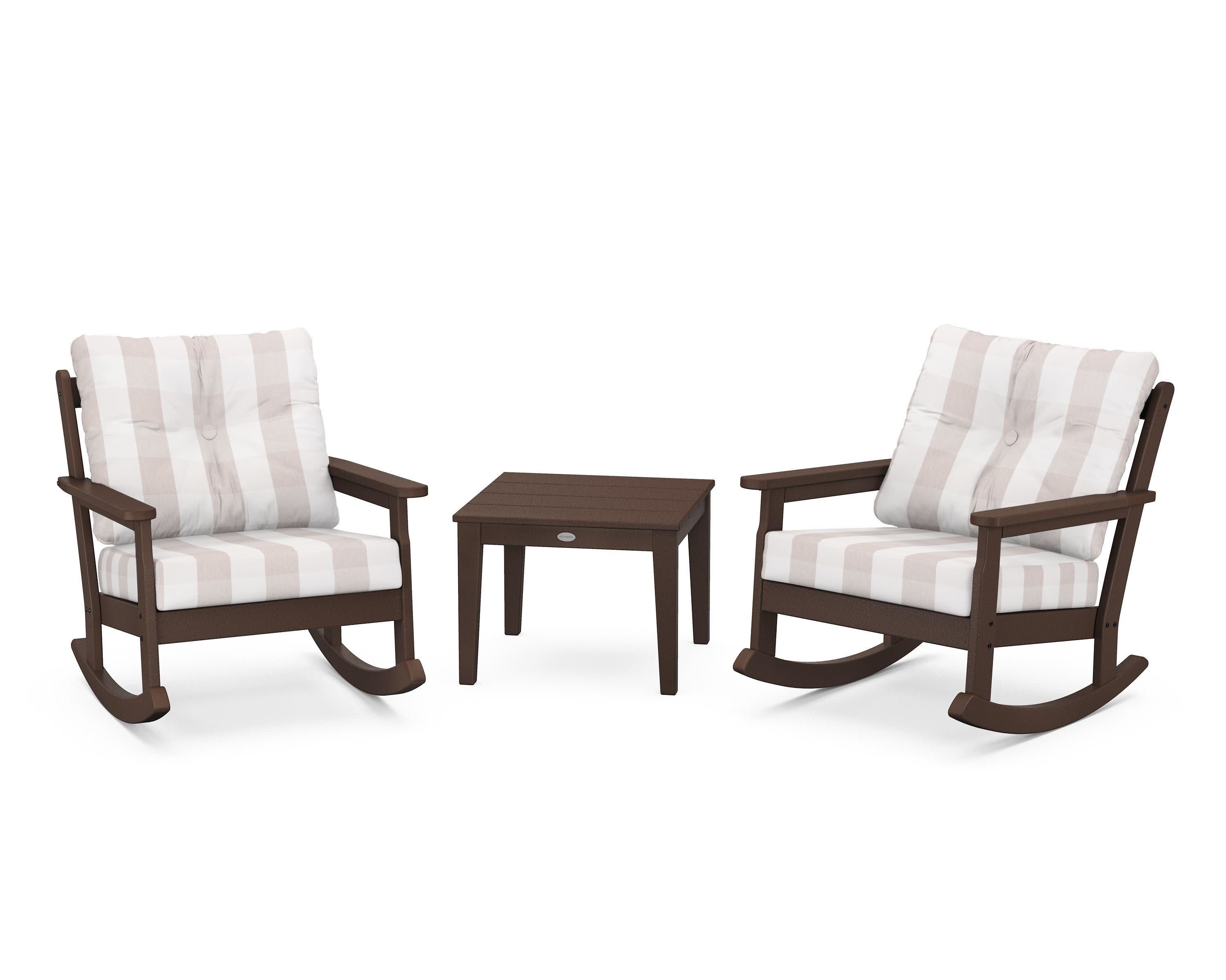 Vineyard 3-Piece Deep Seating Rocker Set in Mahogany / Buffalo Plaid Dune Burlap