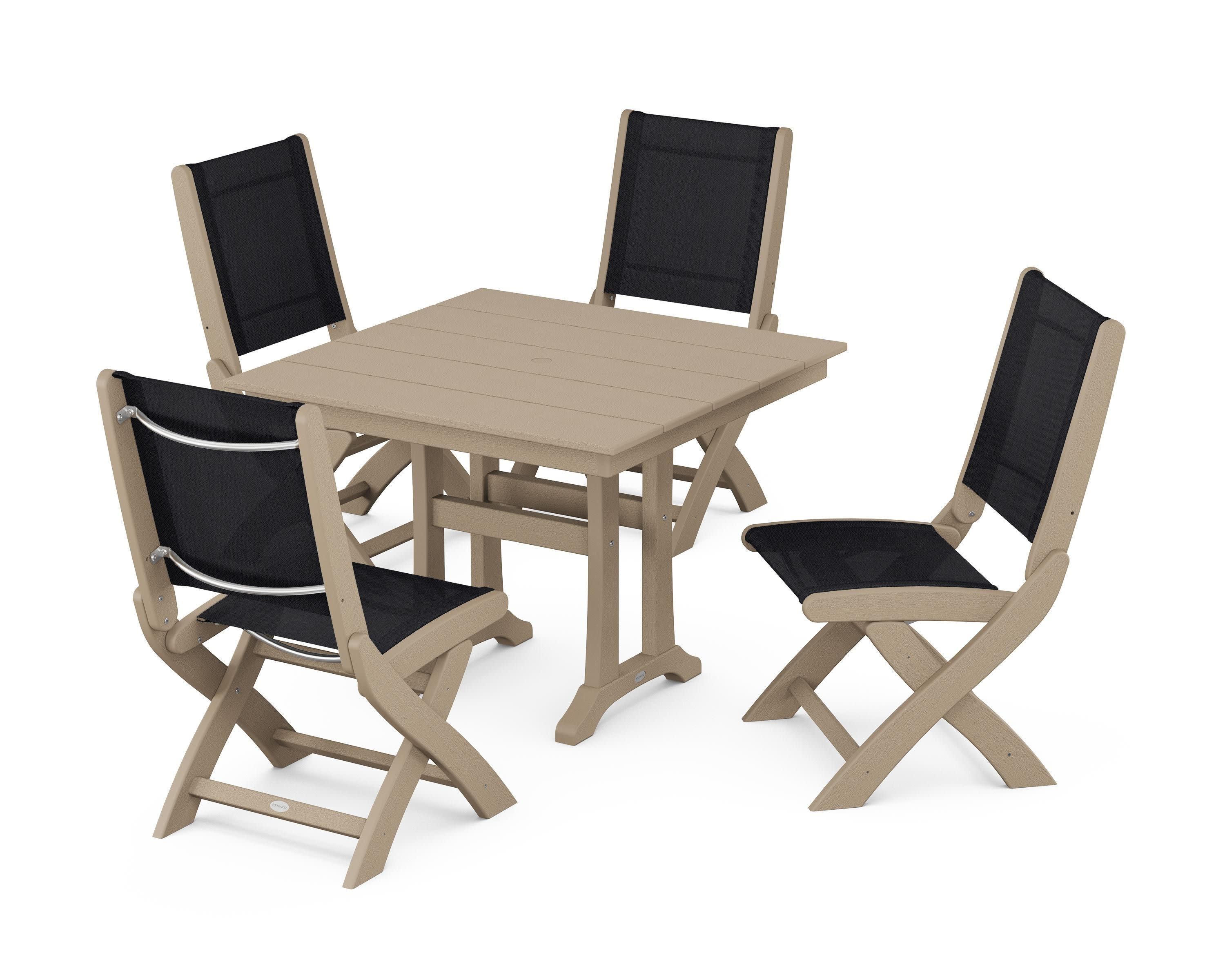 Coastal Folding Side Chair 5-Piece Farmhouse Dining Set With Trestle Legs in Vintage Sahara / Black Sling