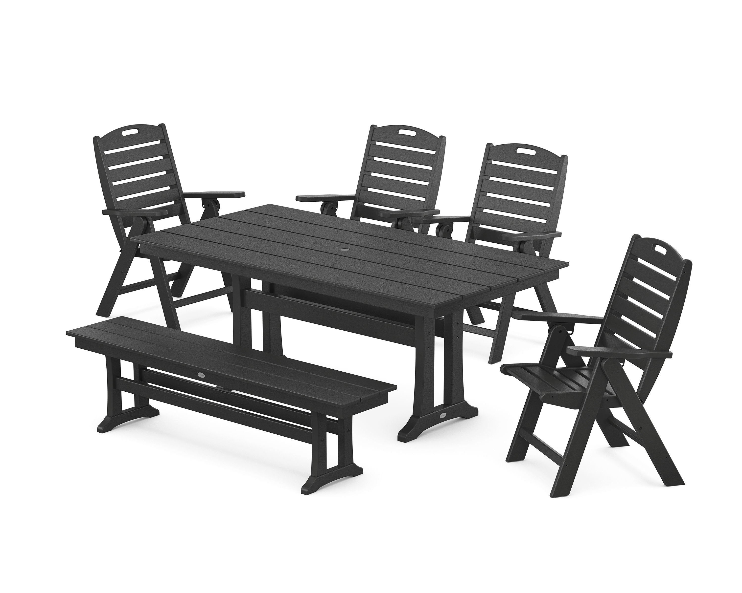 Nautical Highback 6-Piece Farmhouse Dining Set with Trestle Legs and Bench in Black