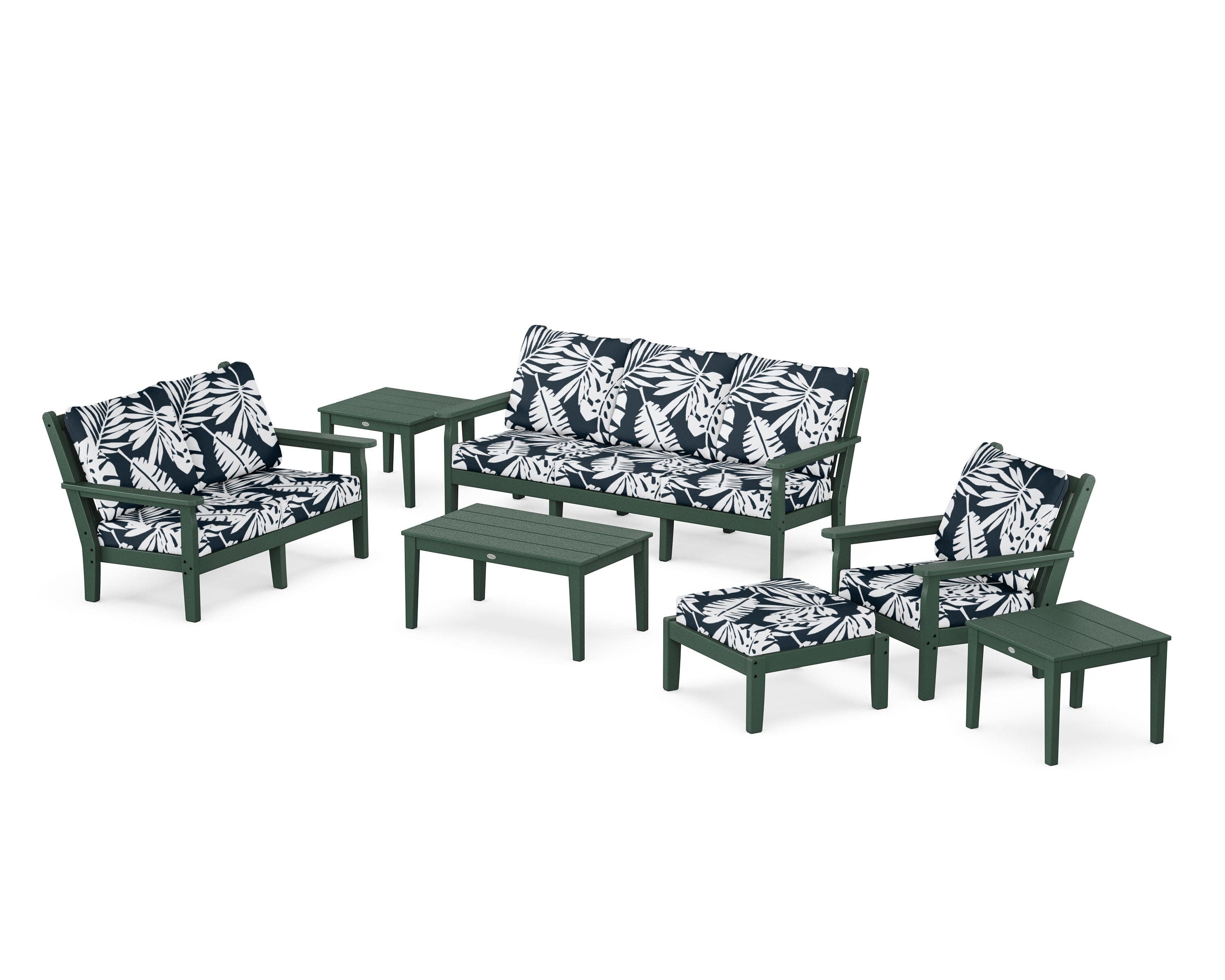 Chippendale 7-Piece Deep Seating Set in Green / Leaf Marine Indigo