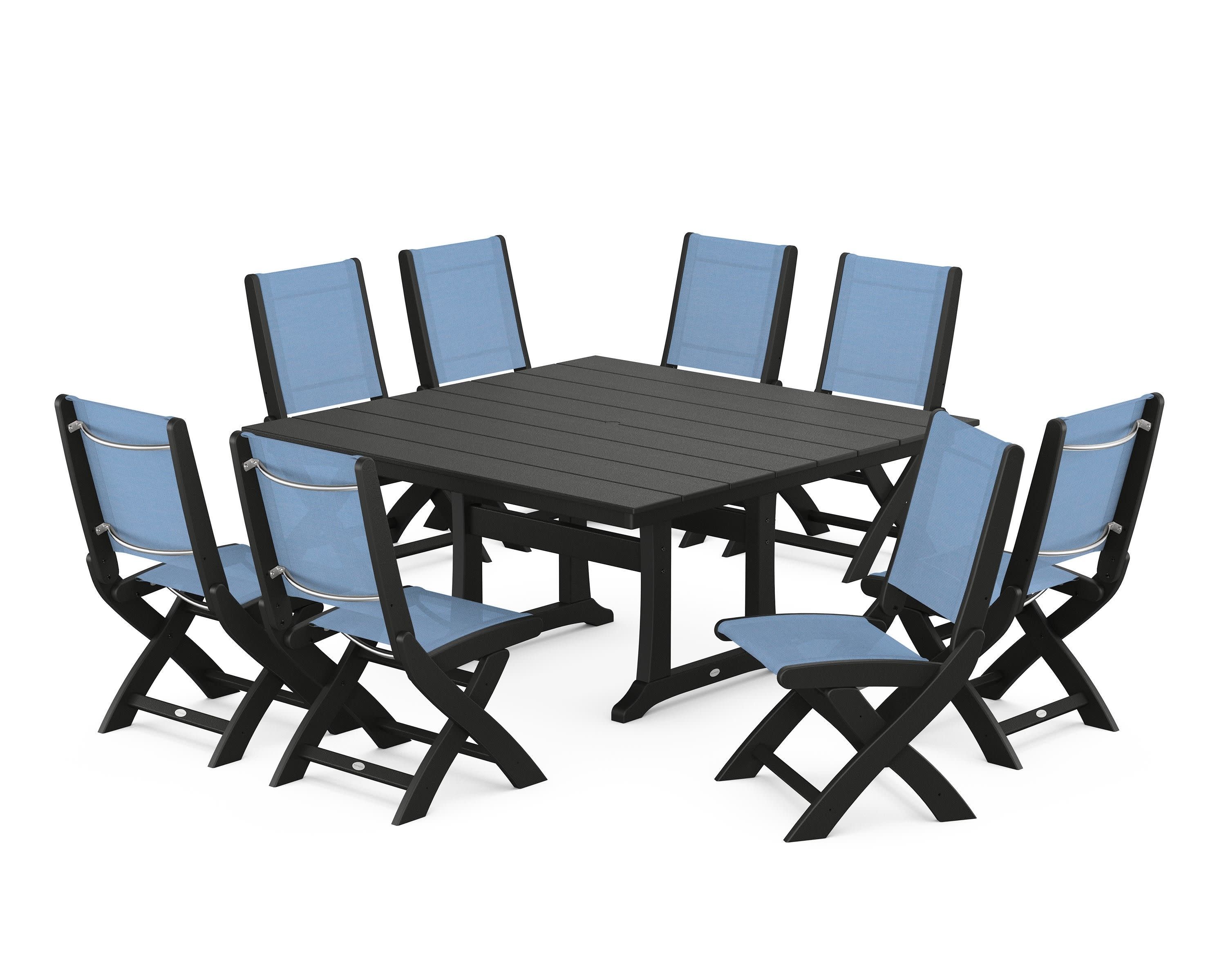 Coastal Folding Side Chair 9-Piece Farmhouse Dining Set in Black / Poolside Sling