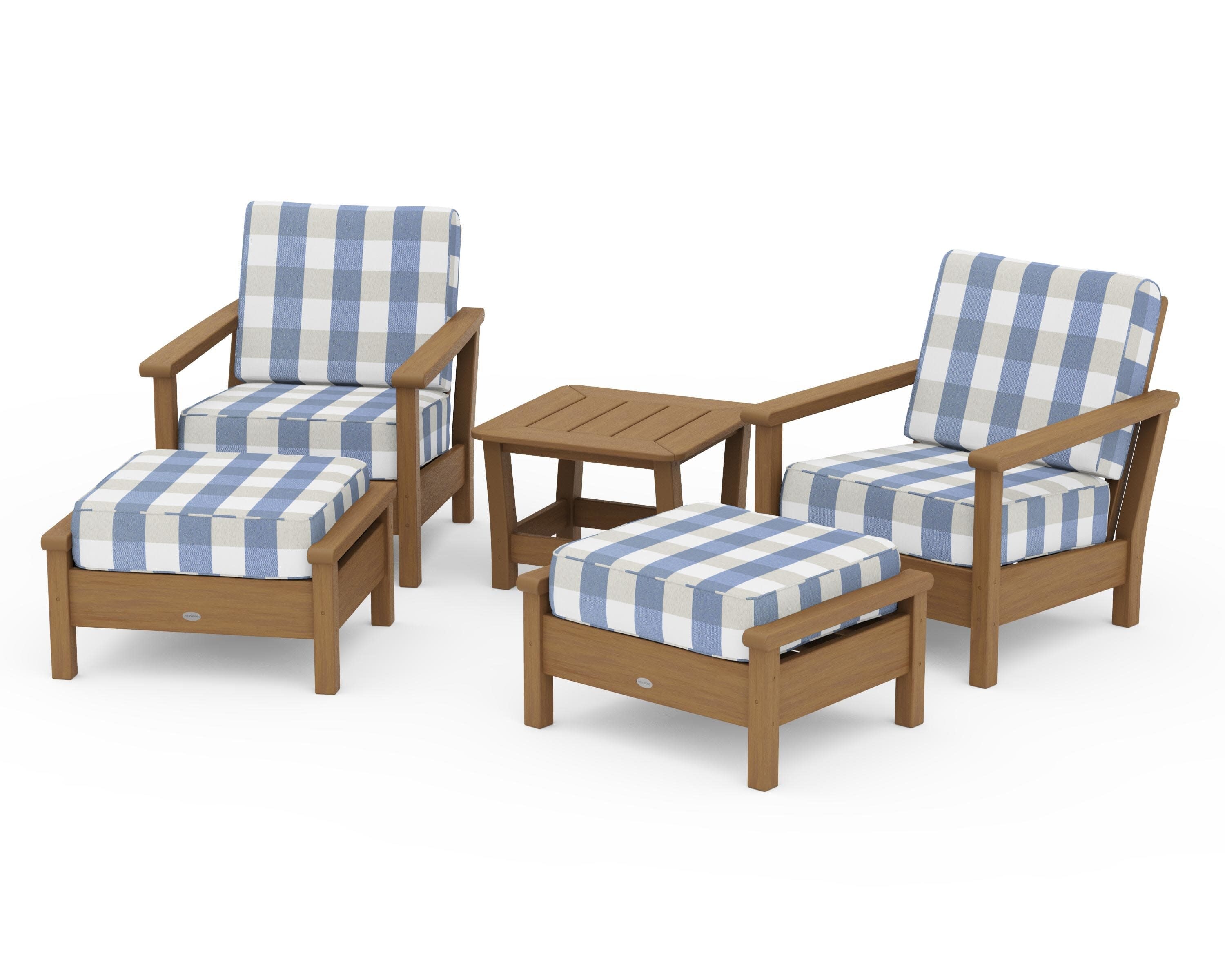 Harbour 5-Piece Deep Seating Chair Set in Natural / Buffalo Plaid Sky Blue