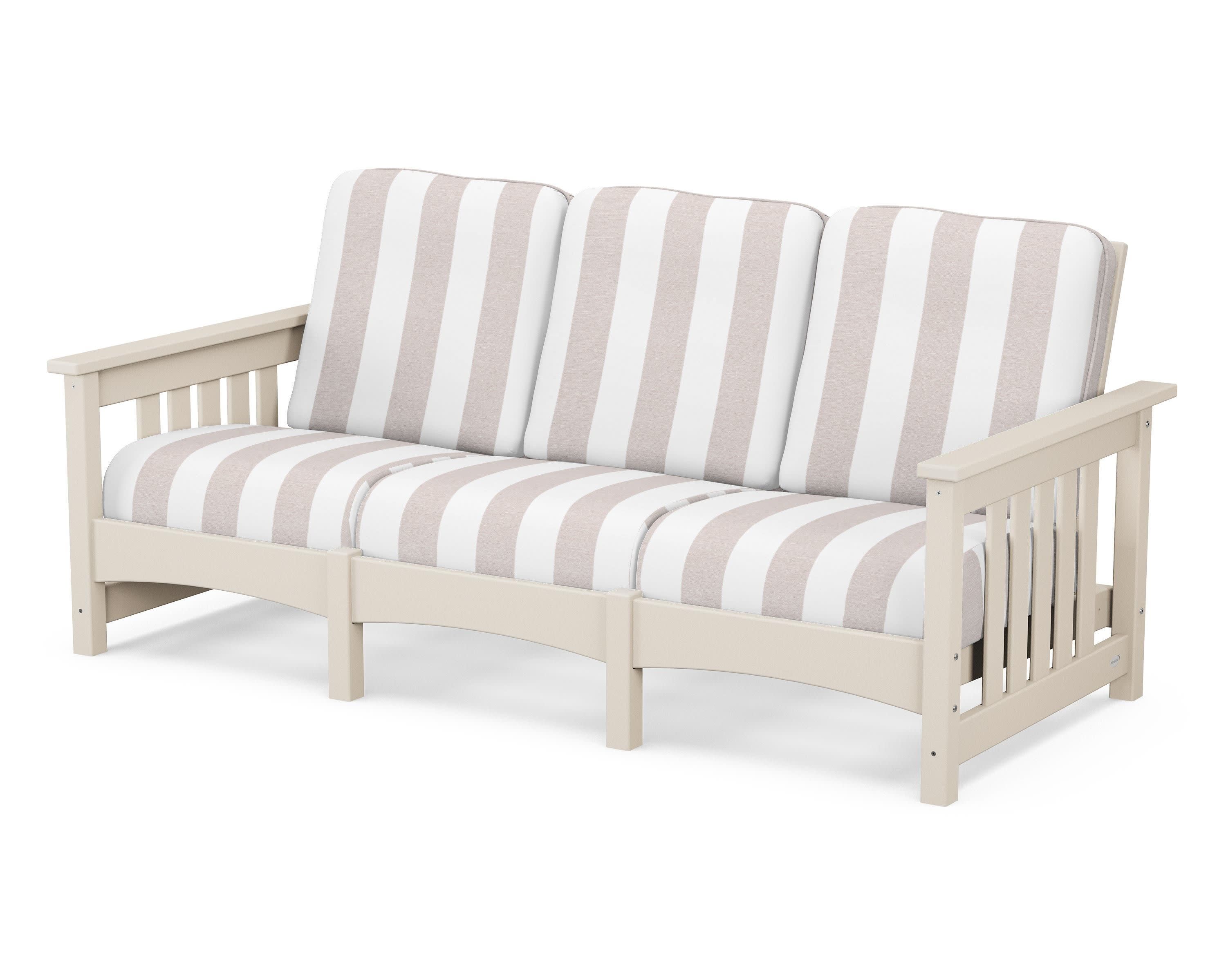 Club Mission Sofa in Sand / Cabana Stripe Dune Burlap