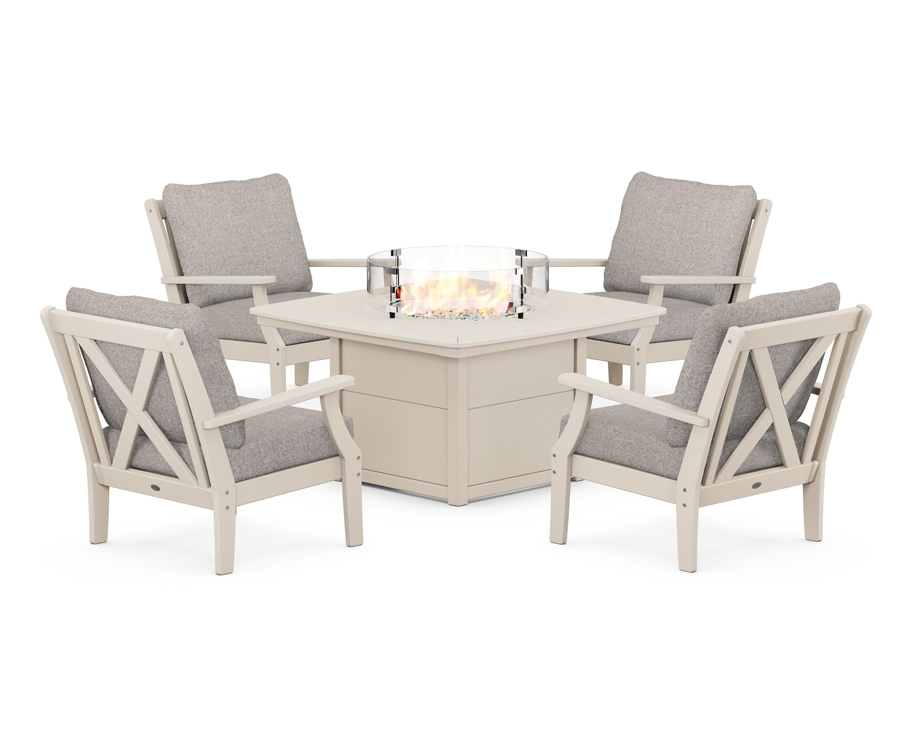 Braxton 5-Piece Deep Seating Conversation Set with Fire Pit Table in Sand / Weathered Tweed