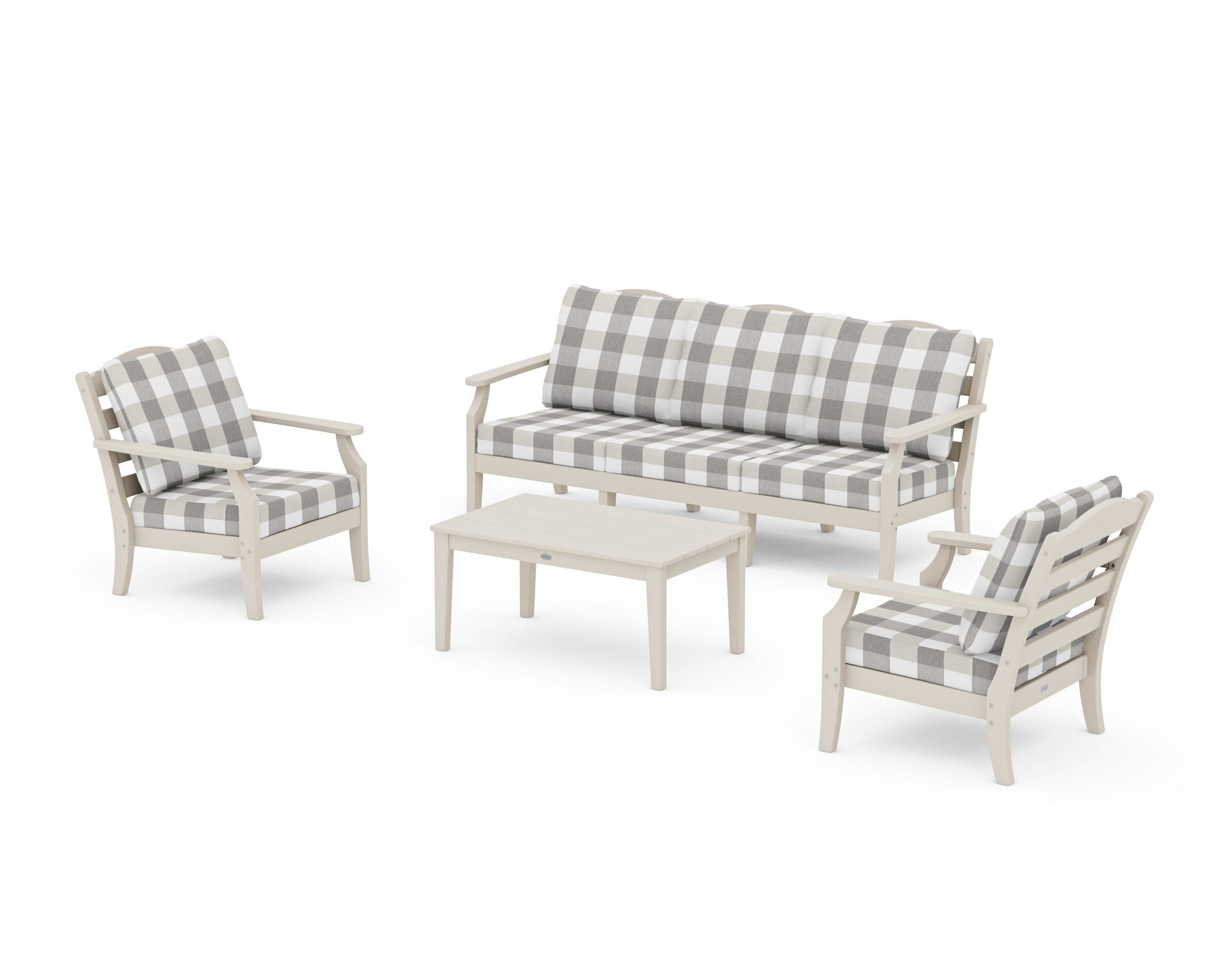 Savannah 4-Piece Deep Seating Set with Sofa in Sand / Buffalo Plaid Grey Mist