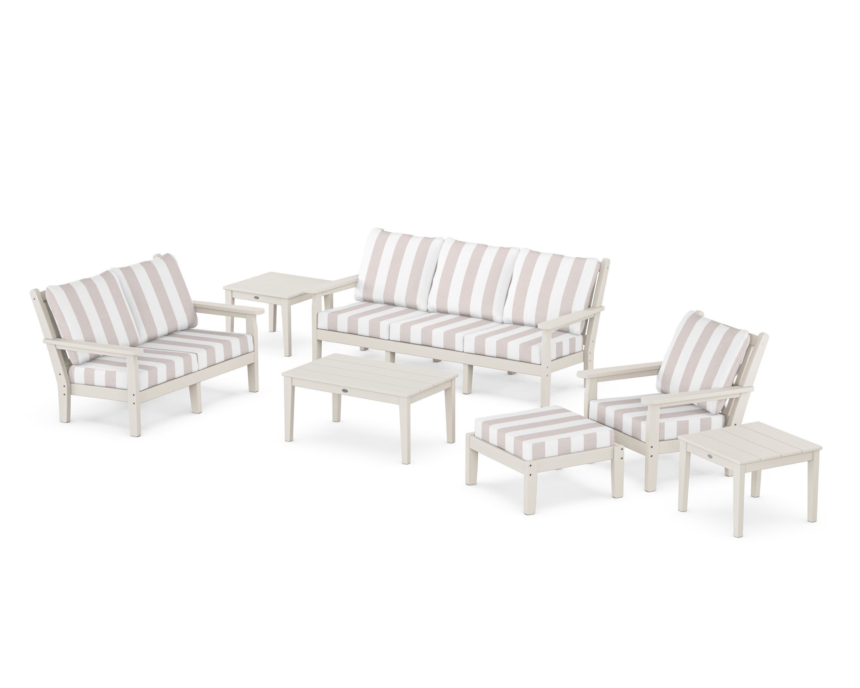 Chippendale 7-Piece Deep Seating Set in Sand / Cabana Stripe Dune Burlap