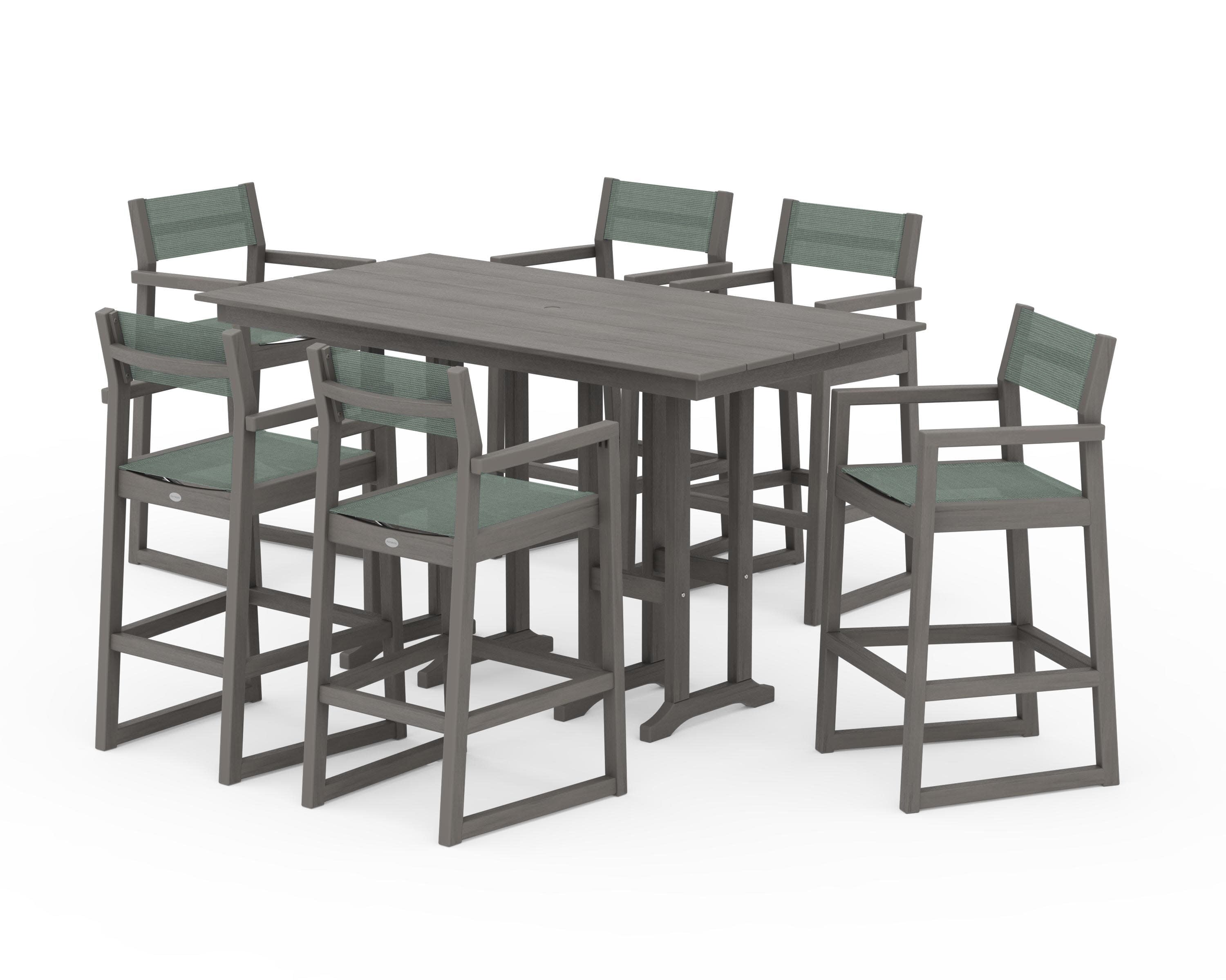 EDGE Sling Arm Chair 7-Piece Farmhouse Bar Set in Driftwood / Dupioni Sea Mist Sling
