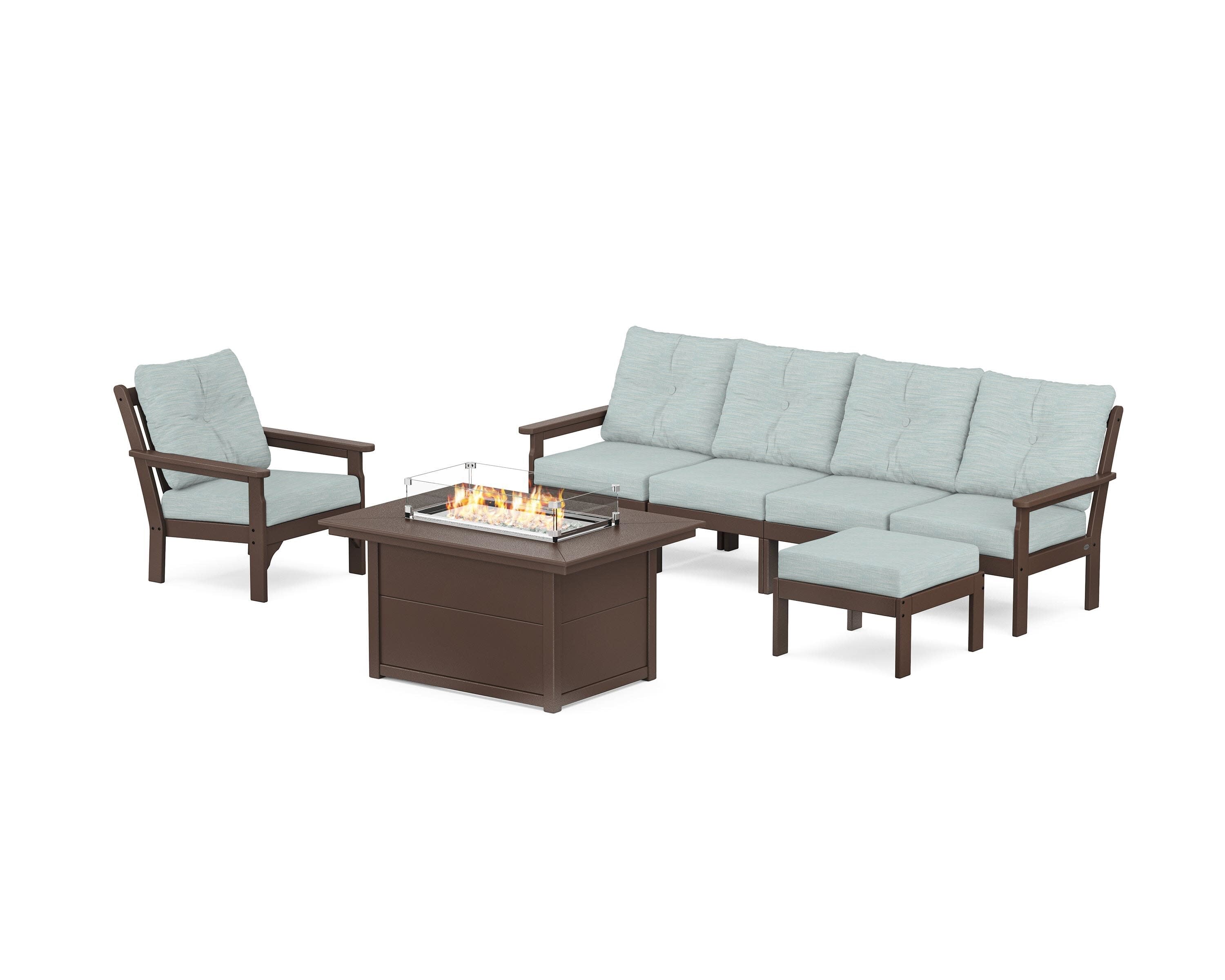 Vineyard Sectional Lounge and Fire Pit Set in Mahogany / Soothe Mist