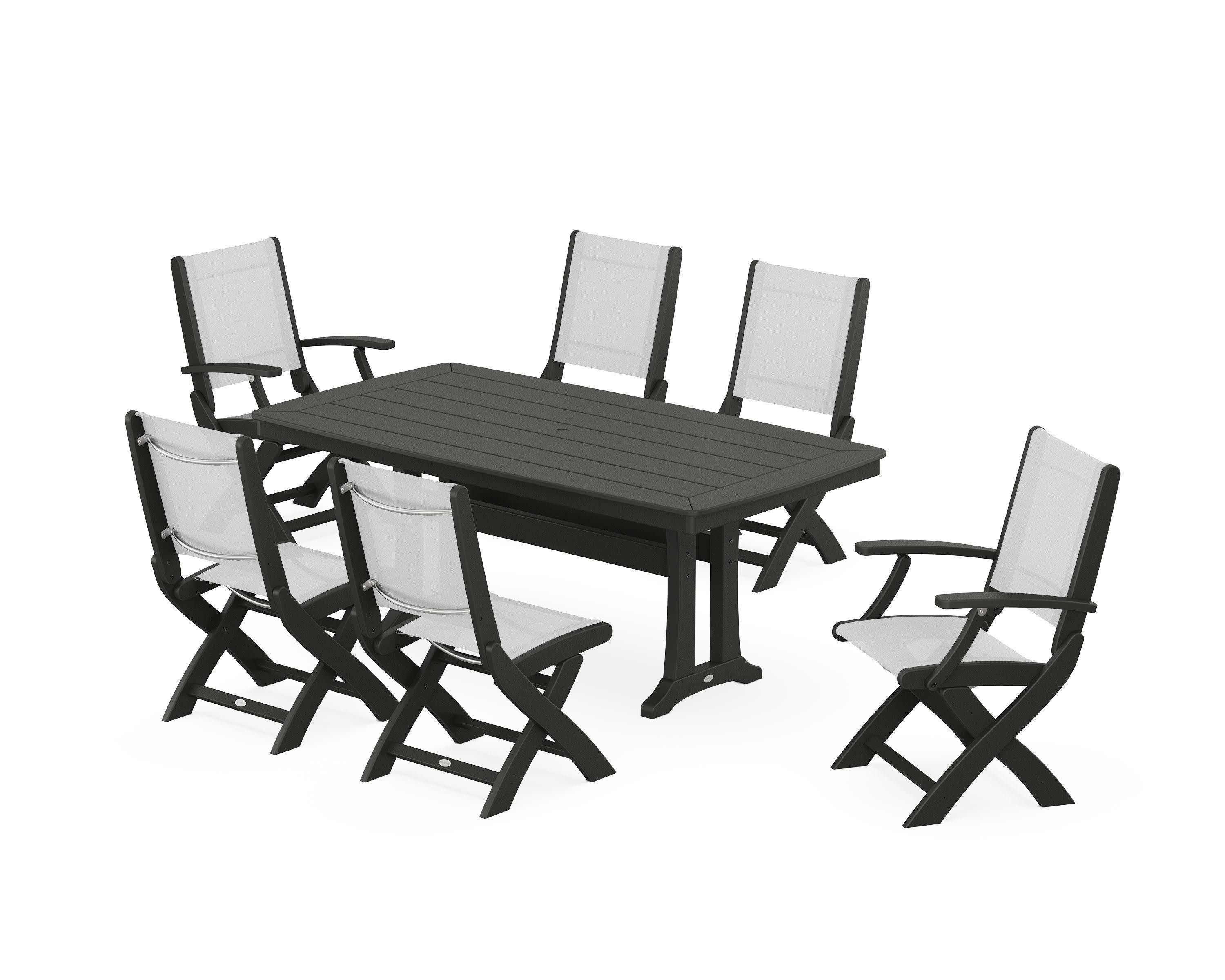 Coastal Folding Chair 7-Piece Dining Set with Trestle Legs in Black / White Sling