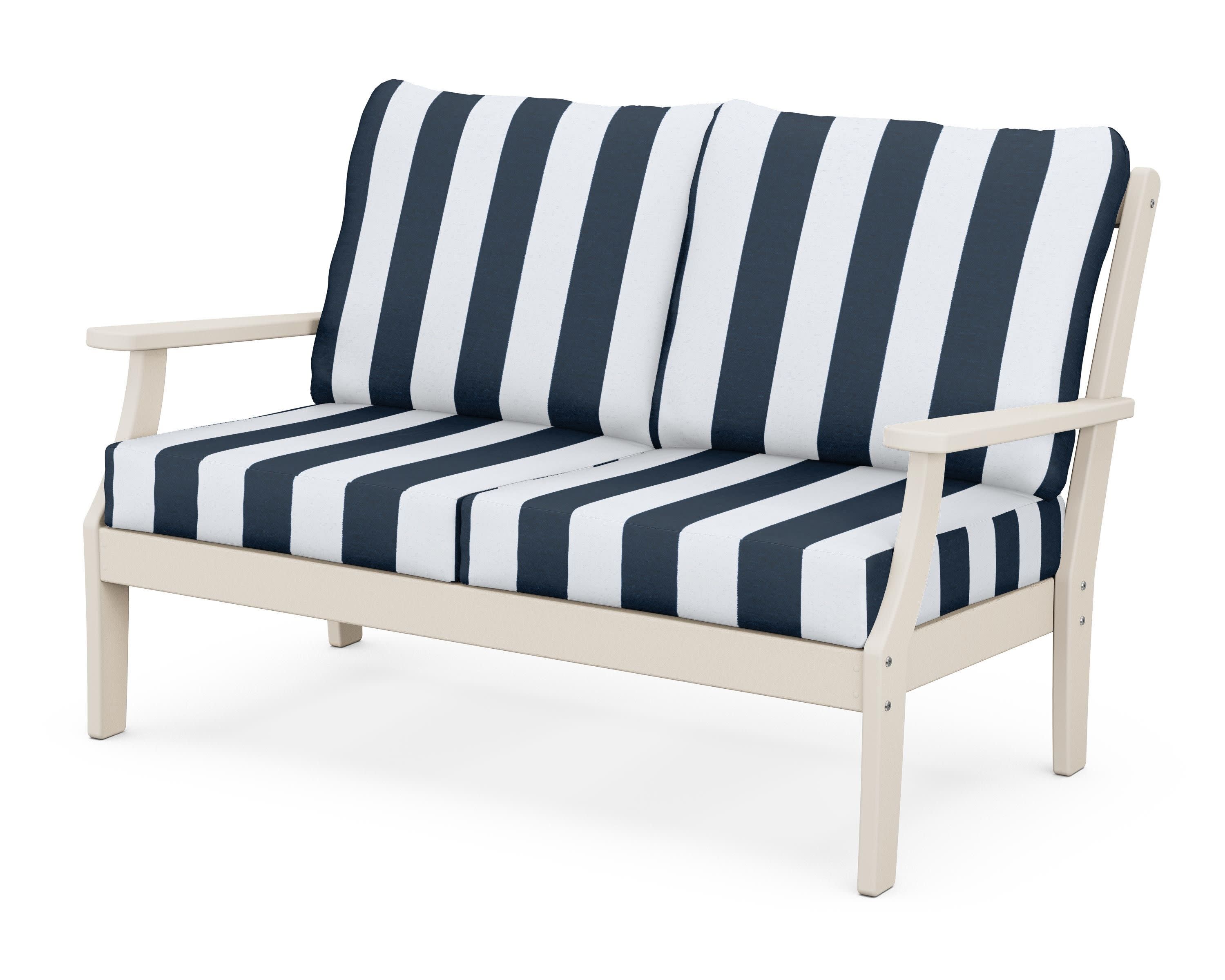 Braxton Deep Seating Loveseat in Sand / Cabana Stripe Marine Indigo