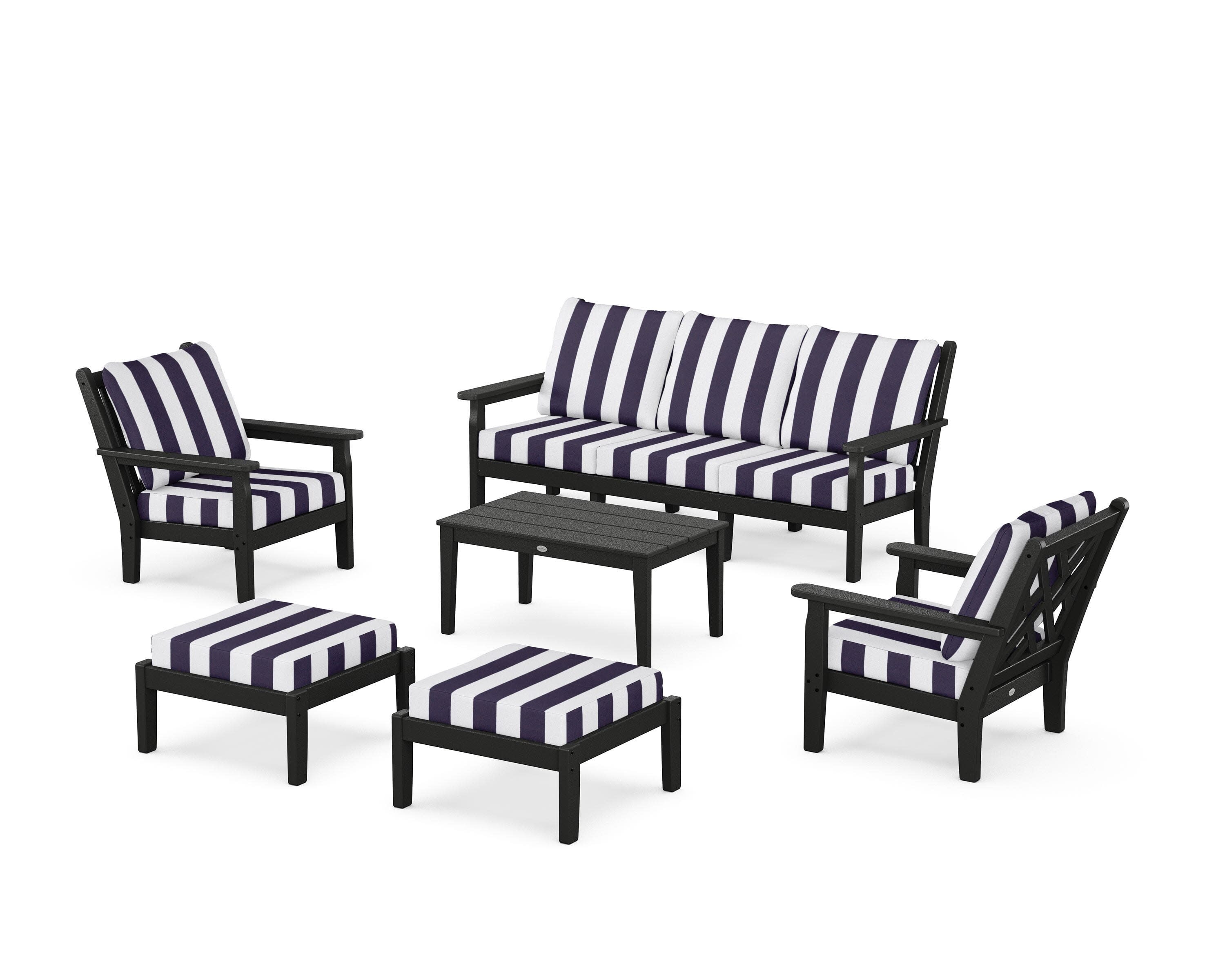 Chippendale 6-Piece Lounge Sofa Set in Black / Cabana Stripe Navy