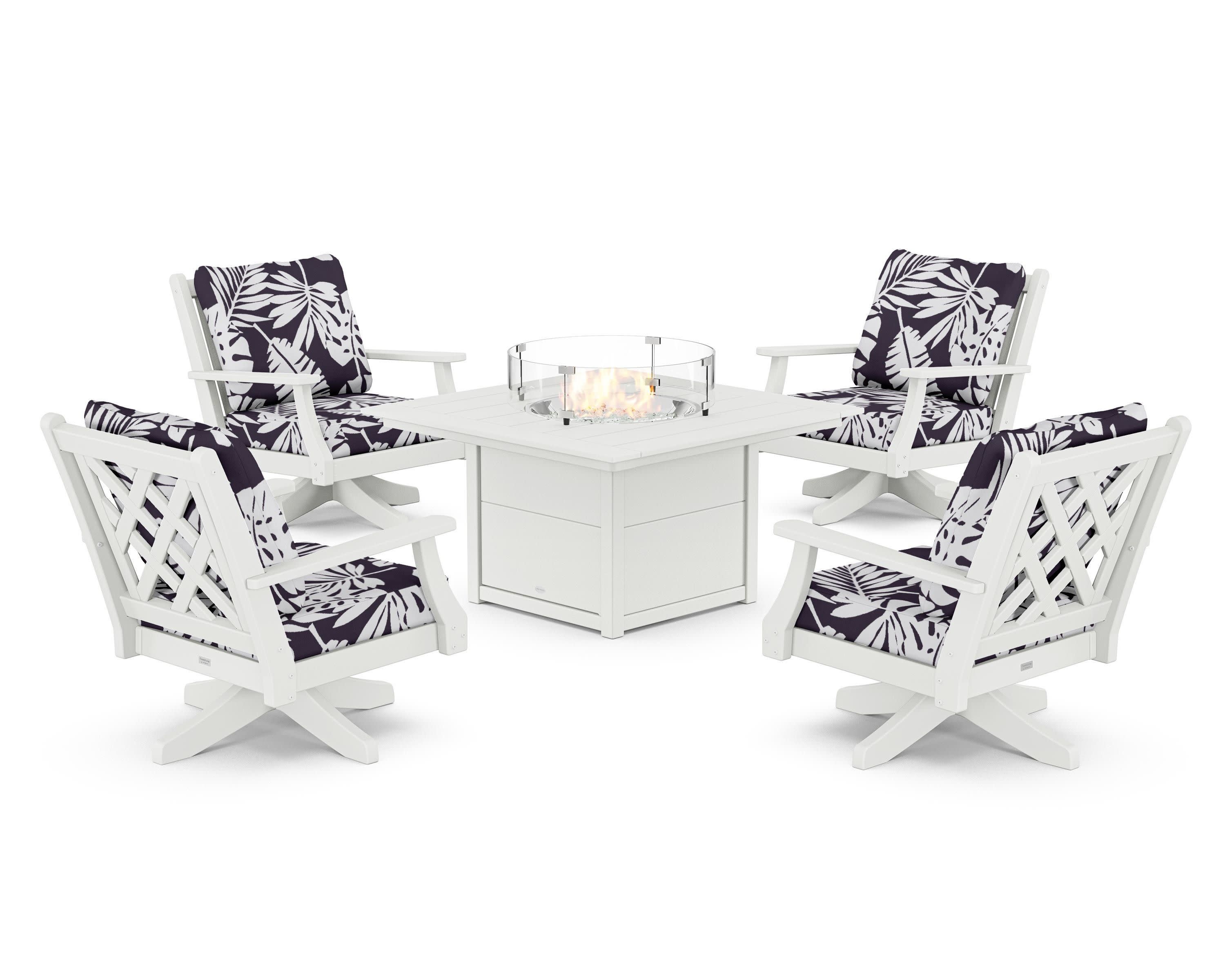 Wovendale 5-Piece Deep Seating Swivel Conversation Set with Fire Pit Table in White / Leaf Navy