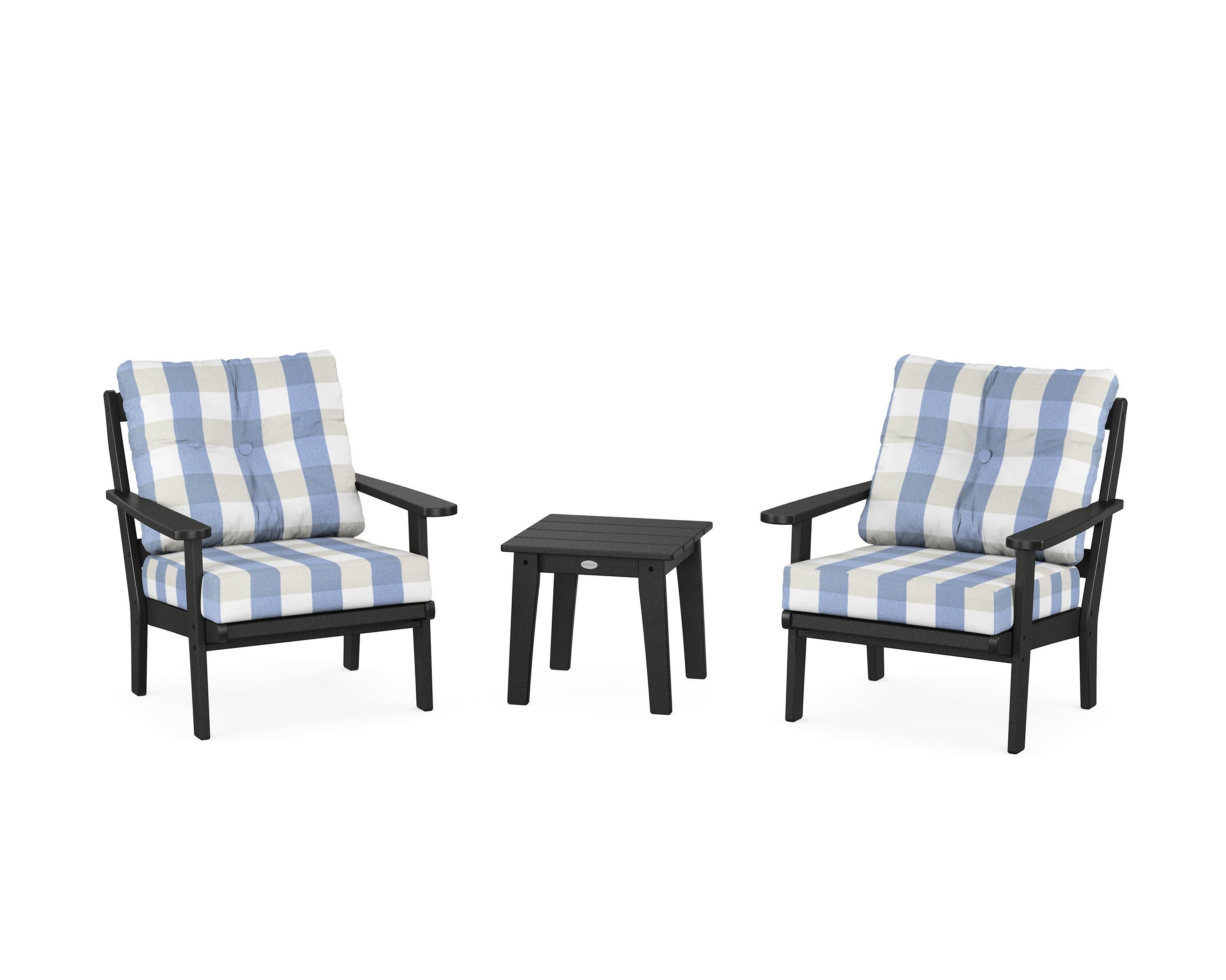 Mission 3-Piece Deep Seating Set in Black / Buffalo Plaid Sky Blue