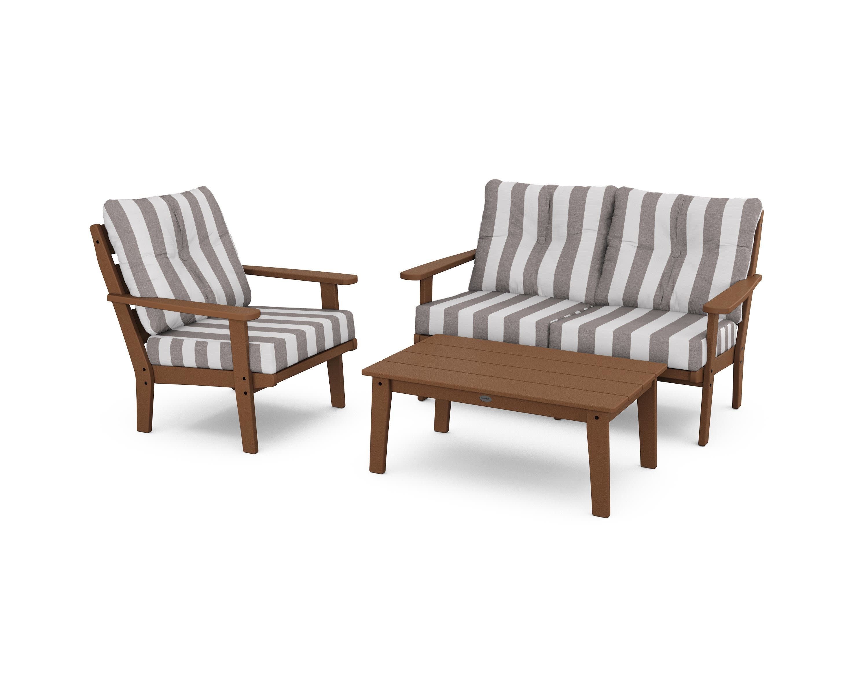 Lakeside 3-Piece Deep Seating Set in Teak / Cabana Stripe Grey Mist