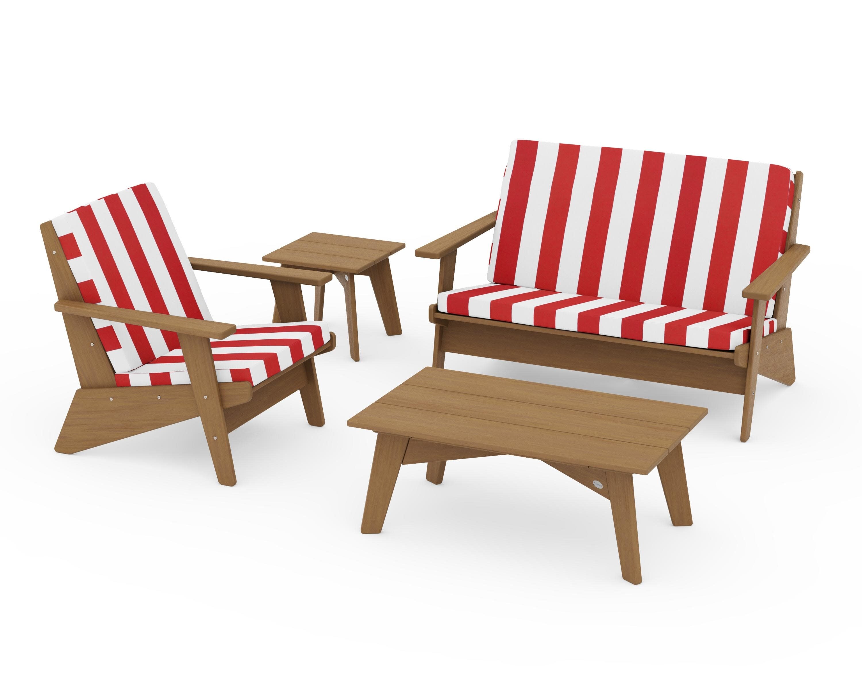 Riviera Modern Lounge 4-Piece Set in Natural / Cabana Stripe Crimson