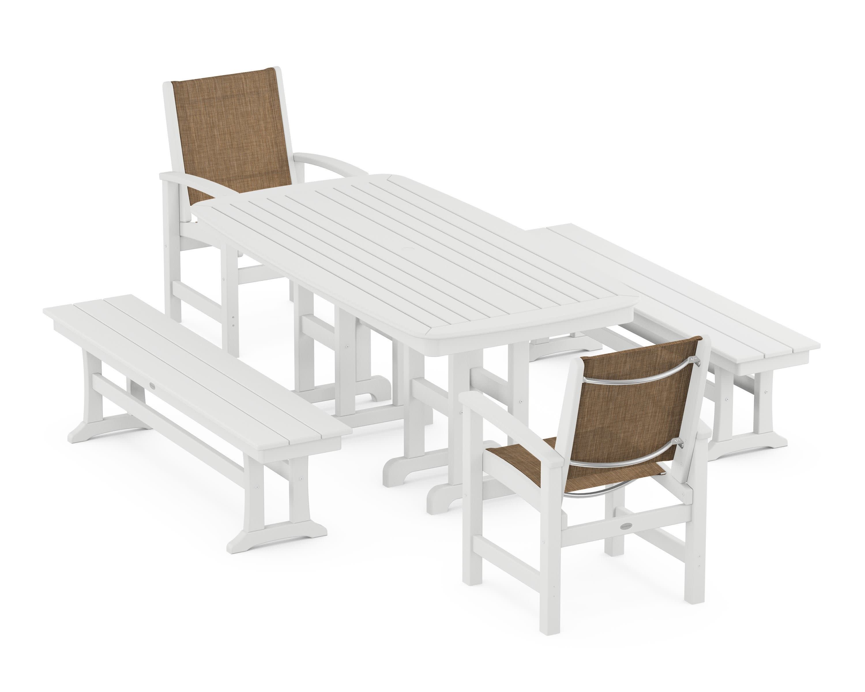 Coastal 5-Piece Dining Set in White / Burlap Sling
