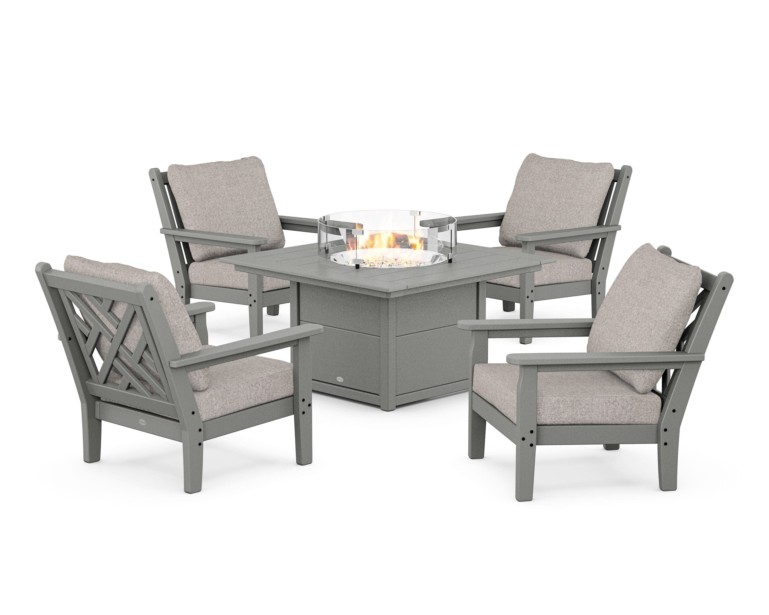 Chippendale 5-Piece Deep Seating Set with Fire Pit Table in Slate Grey / Weathered Tweed