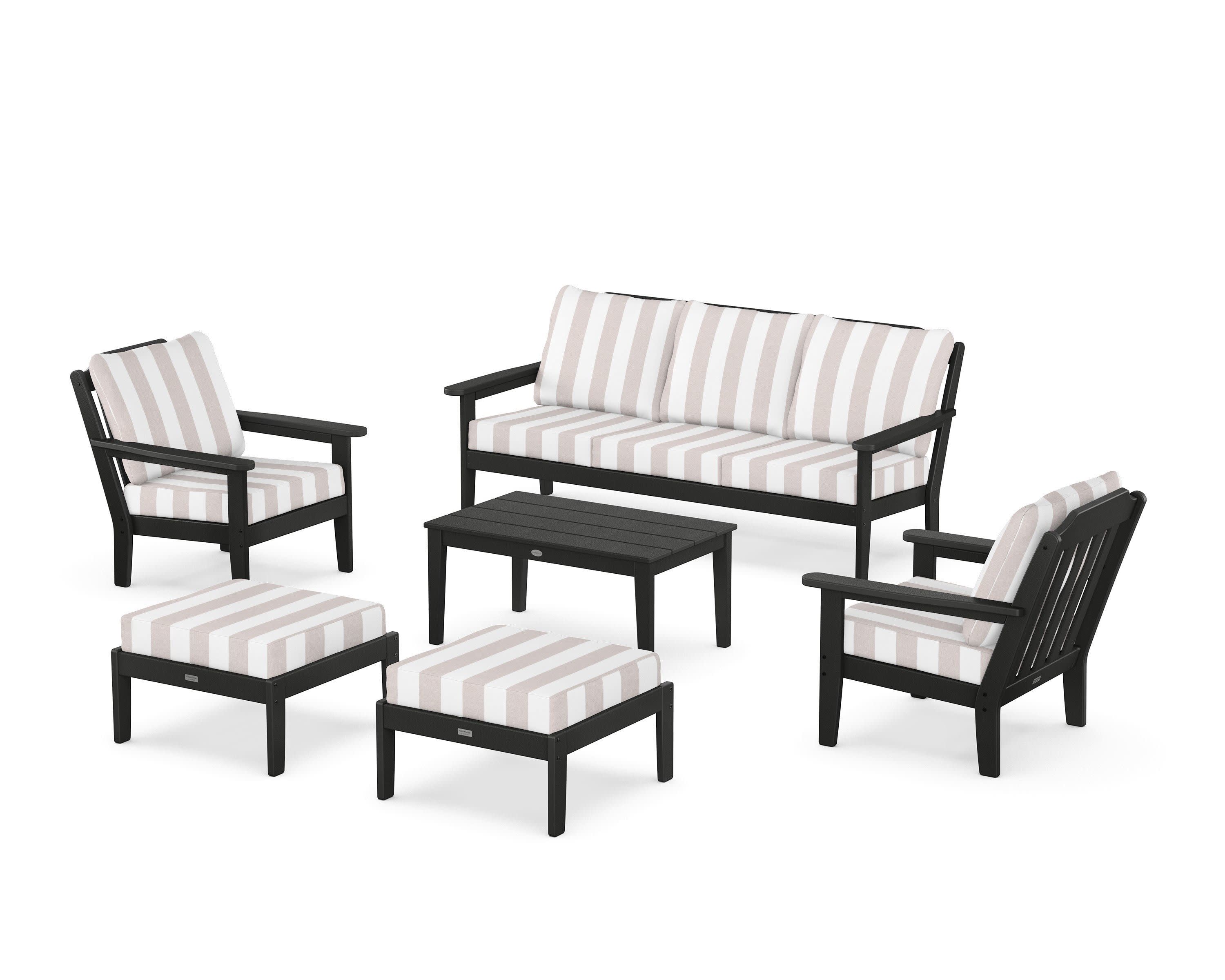 Cottage 6-Piece Lounge Sofa Set in Black / Cabana Stripe Dune Burlap