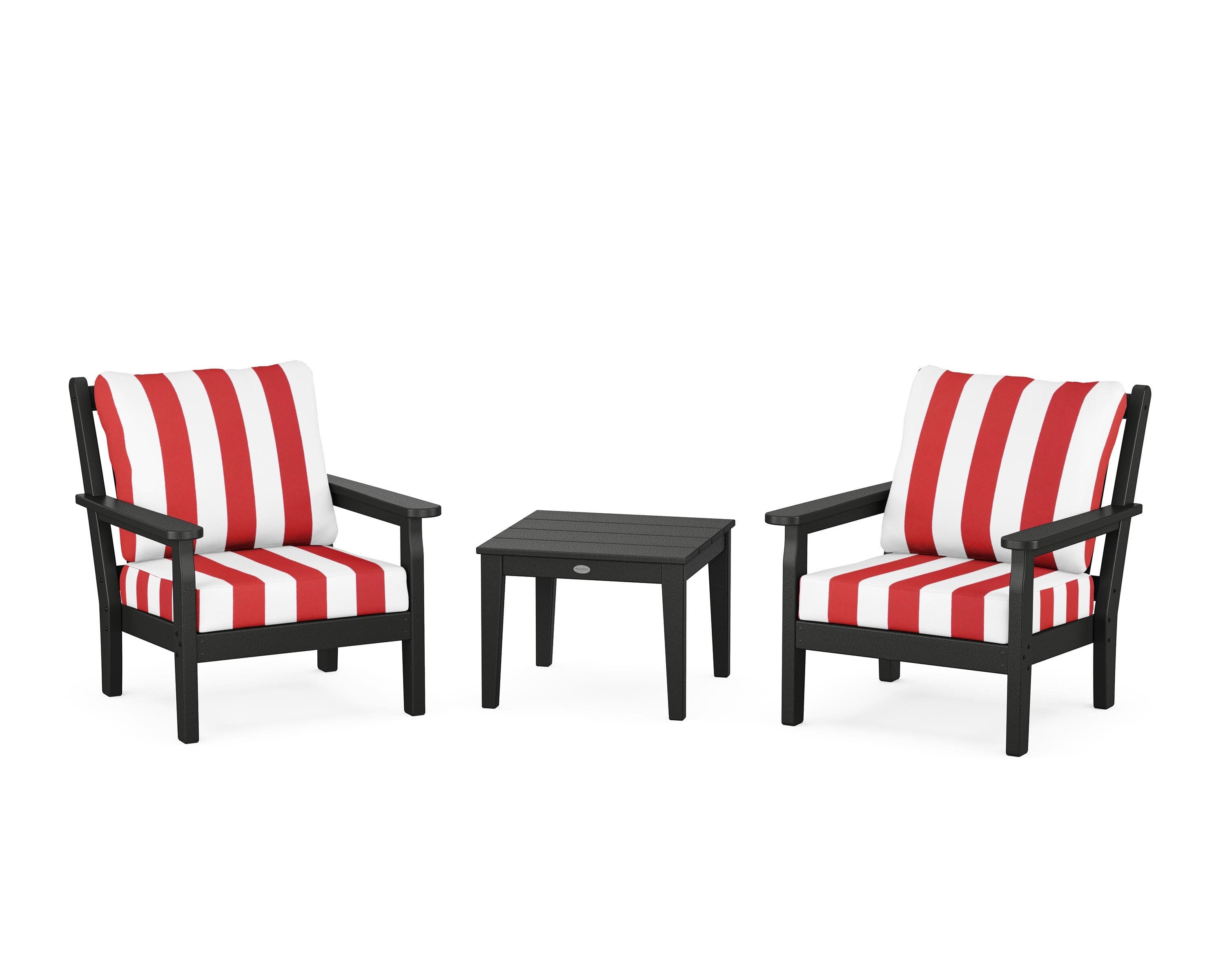 Chippendale 3-Piece Deep Seating Set in Black / Cabana Stripe Crimson