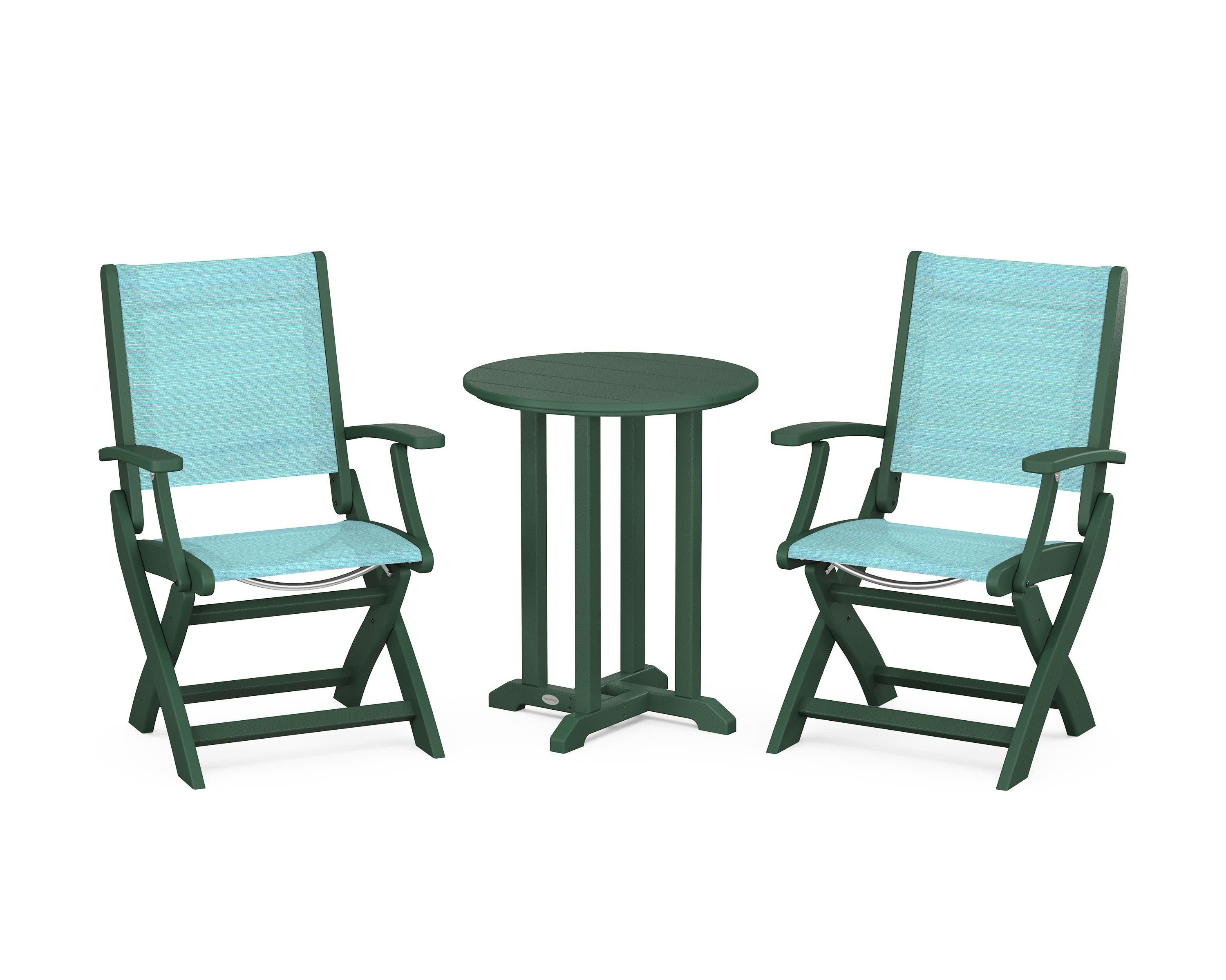 Coastal Folding 3-Piece Round Bistro Dining Set in Green / Dupioni Aquamarine Sling