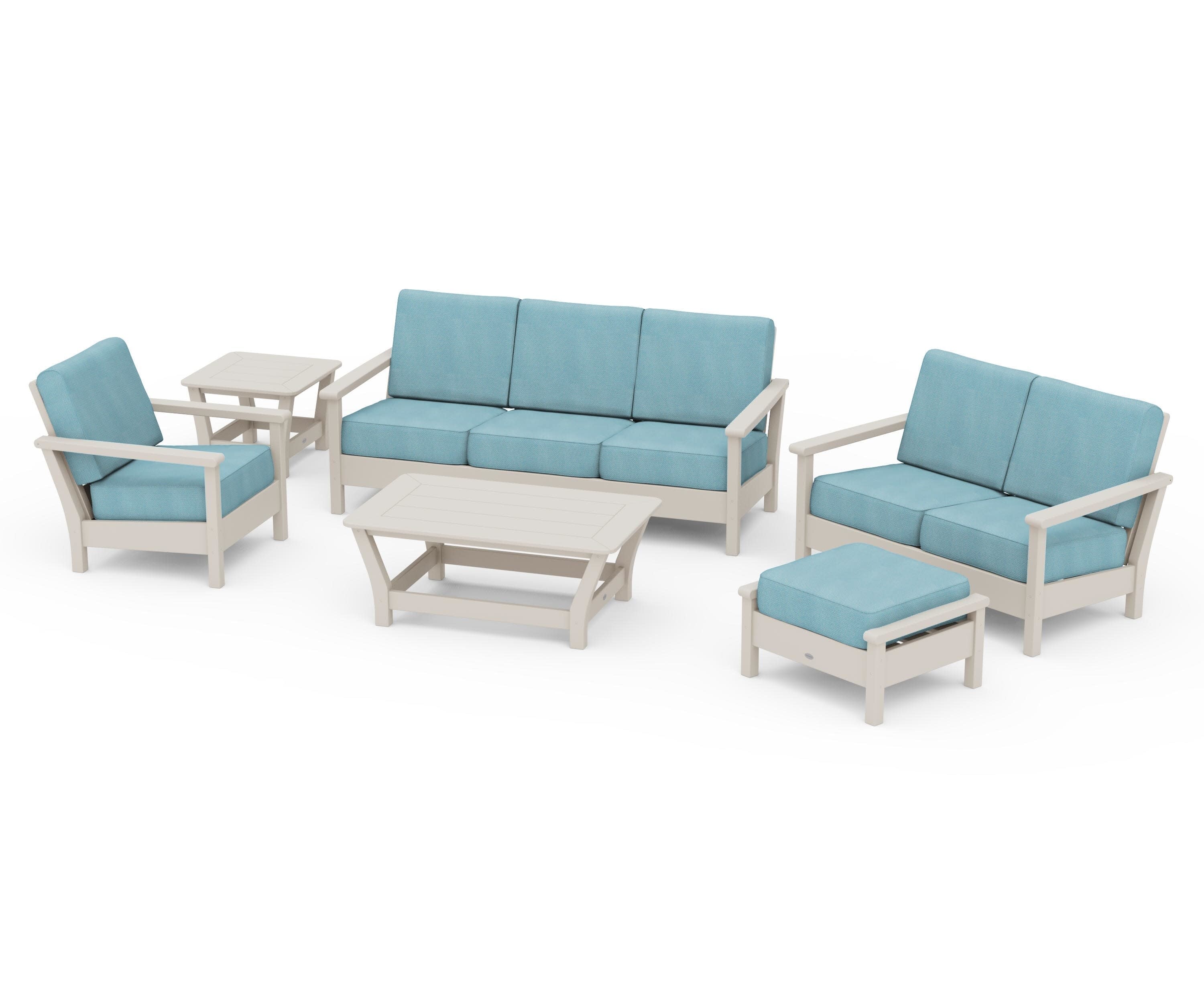 Harbour 6-Piece Outdoor Living Set in Sand / Lattice Sky Blue