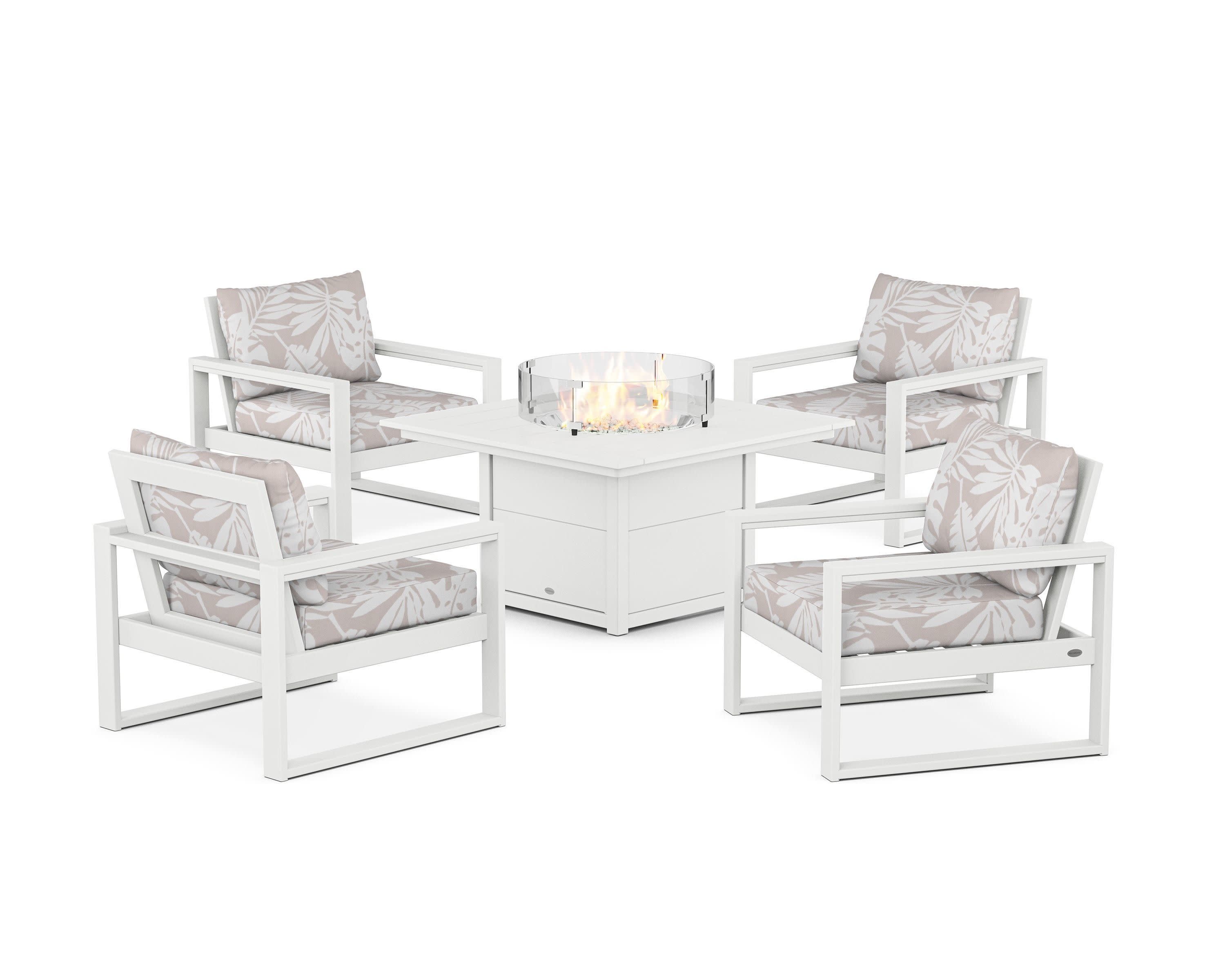 EDGE Sectional 5-Piece Deep Seating Set with Fire Pit Table in White / Leaf Dune Burlap