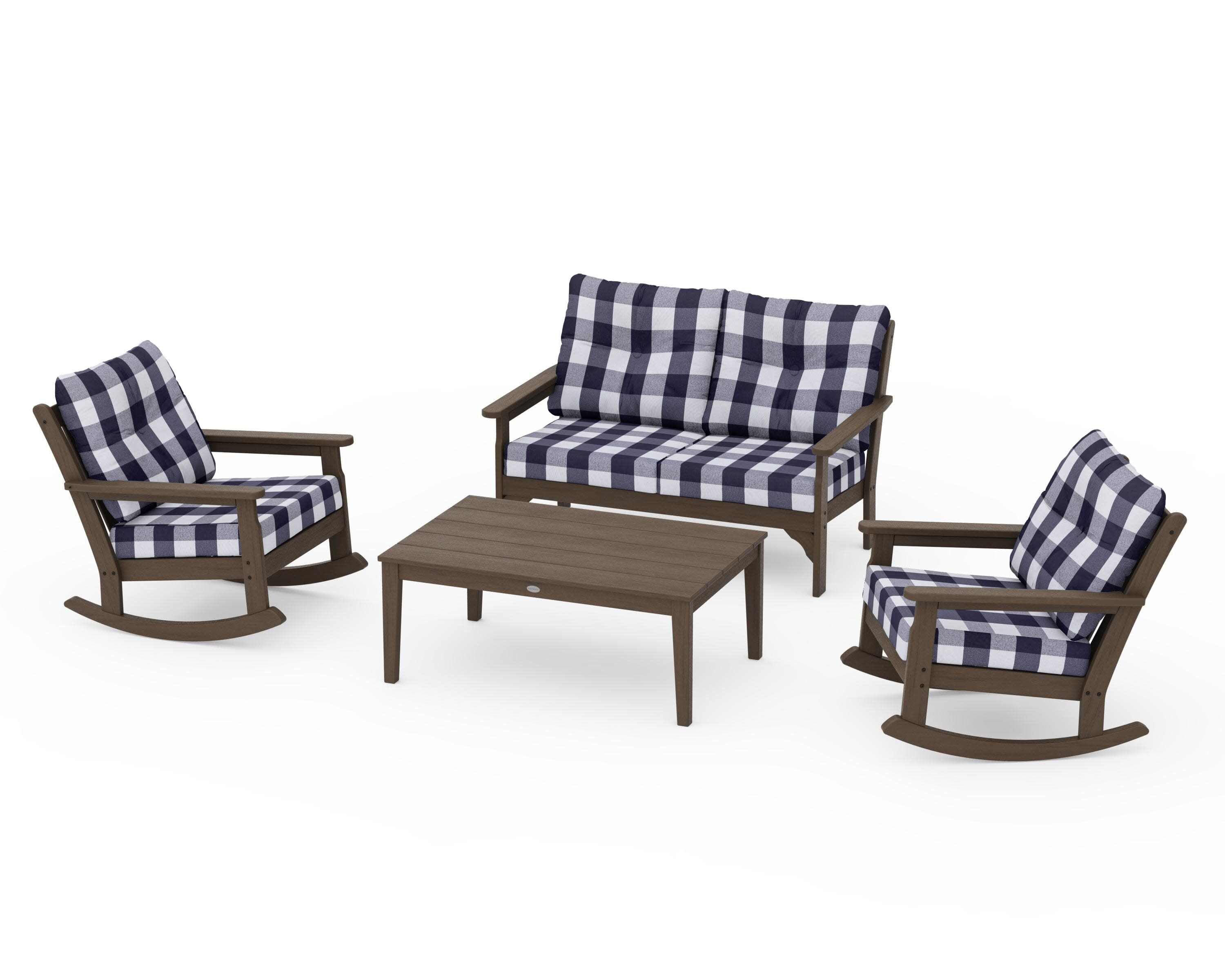 Vineyard 4-Piece Deep Seating Rocking Chair Set in Kona / Buffalo Plaid Navy
