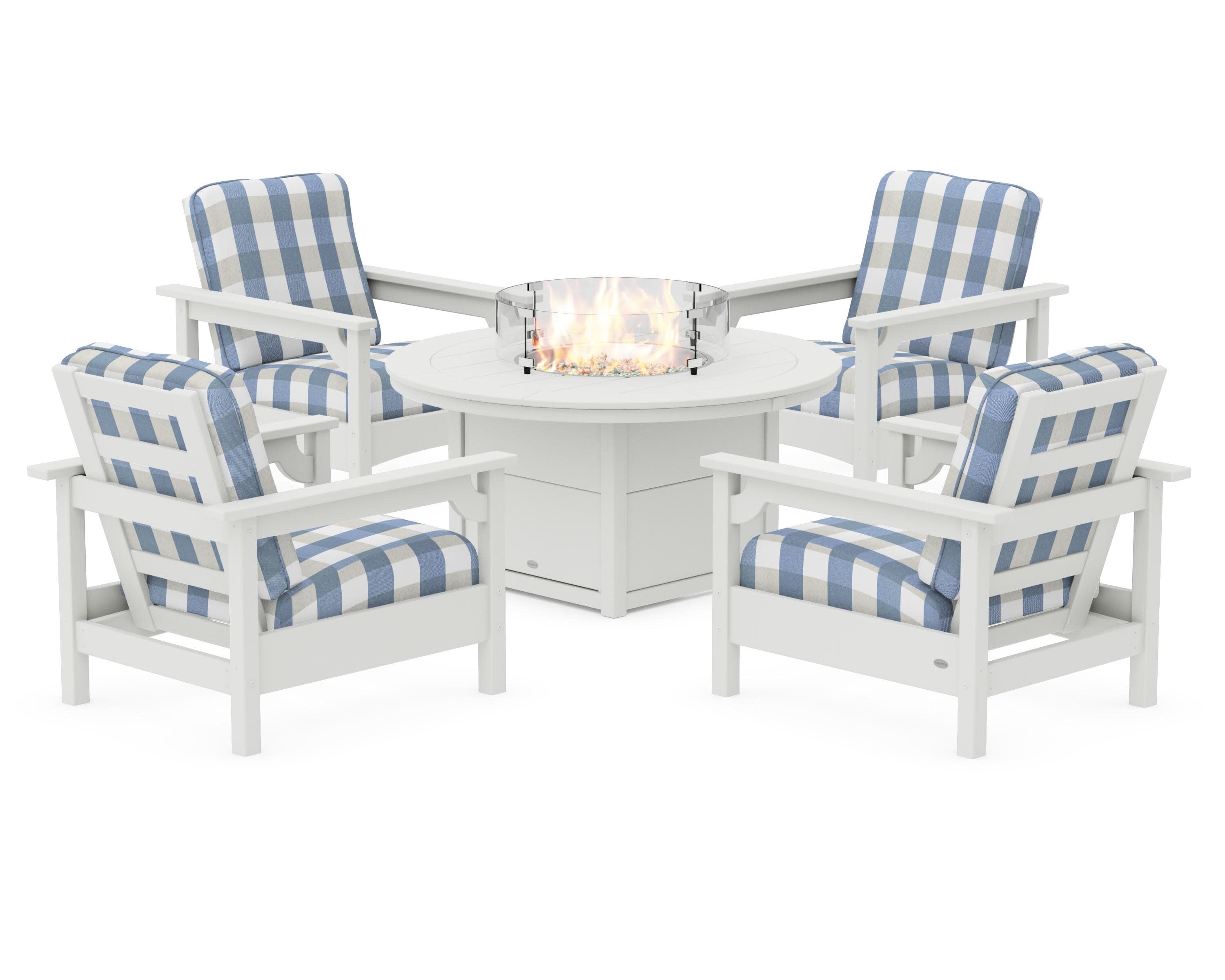 Club 5-Piece Conversation Set with Fire Pit Table in Vintage White / Buffalo Plaid Sky Blue