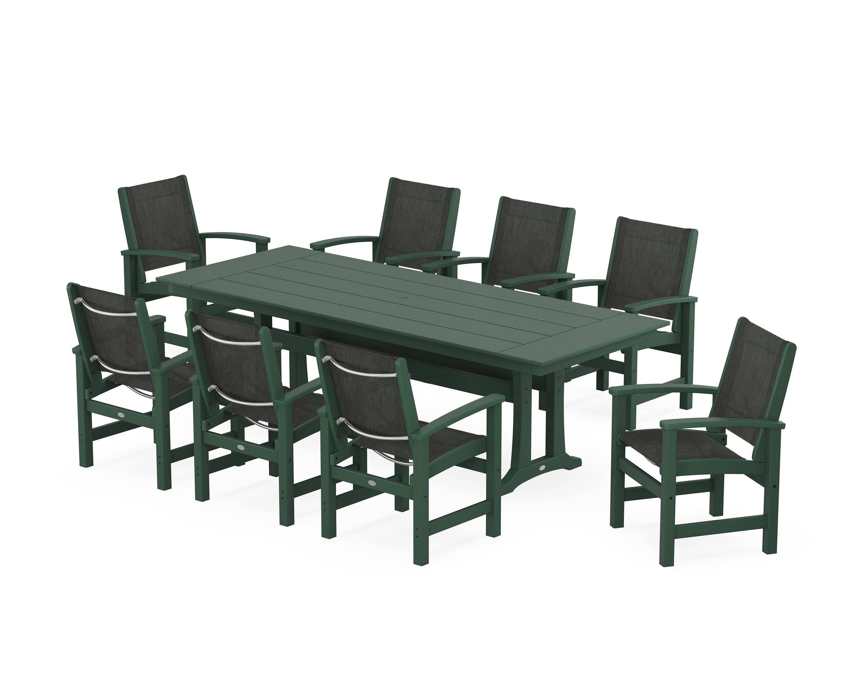 Coastal 9-Piece Farmhouse Dining Set with Trestle Legs in Green / Ember Sling