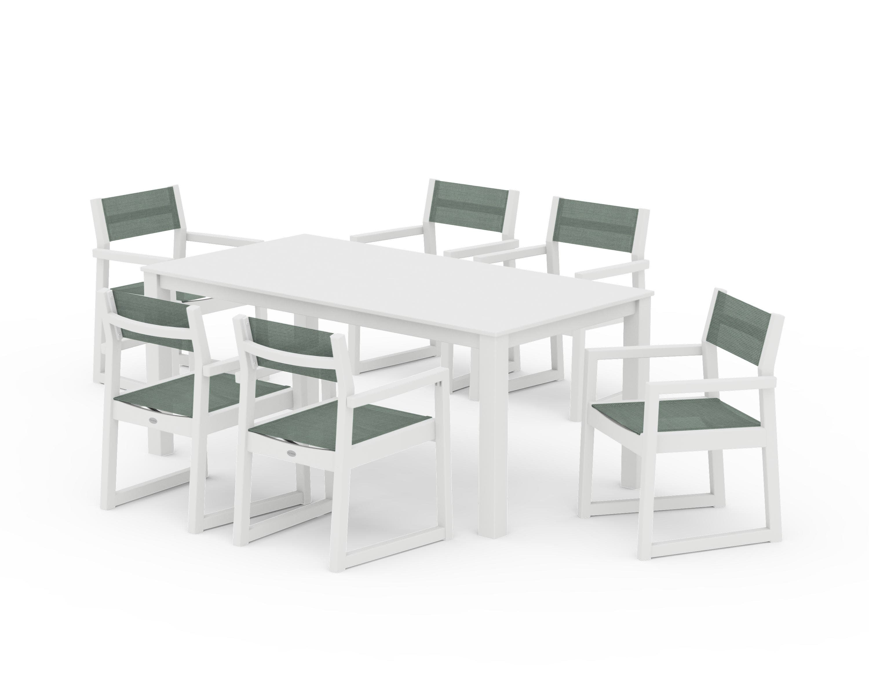 EDGE Sling Arm Chair 7-Piece Parsons Dining Set in White / Dupioni Sea Mist Sling