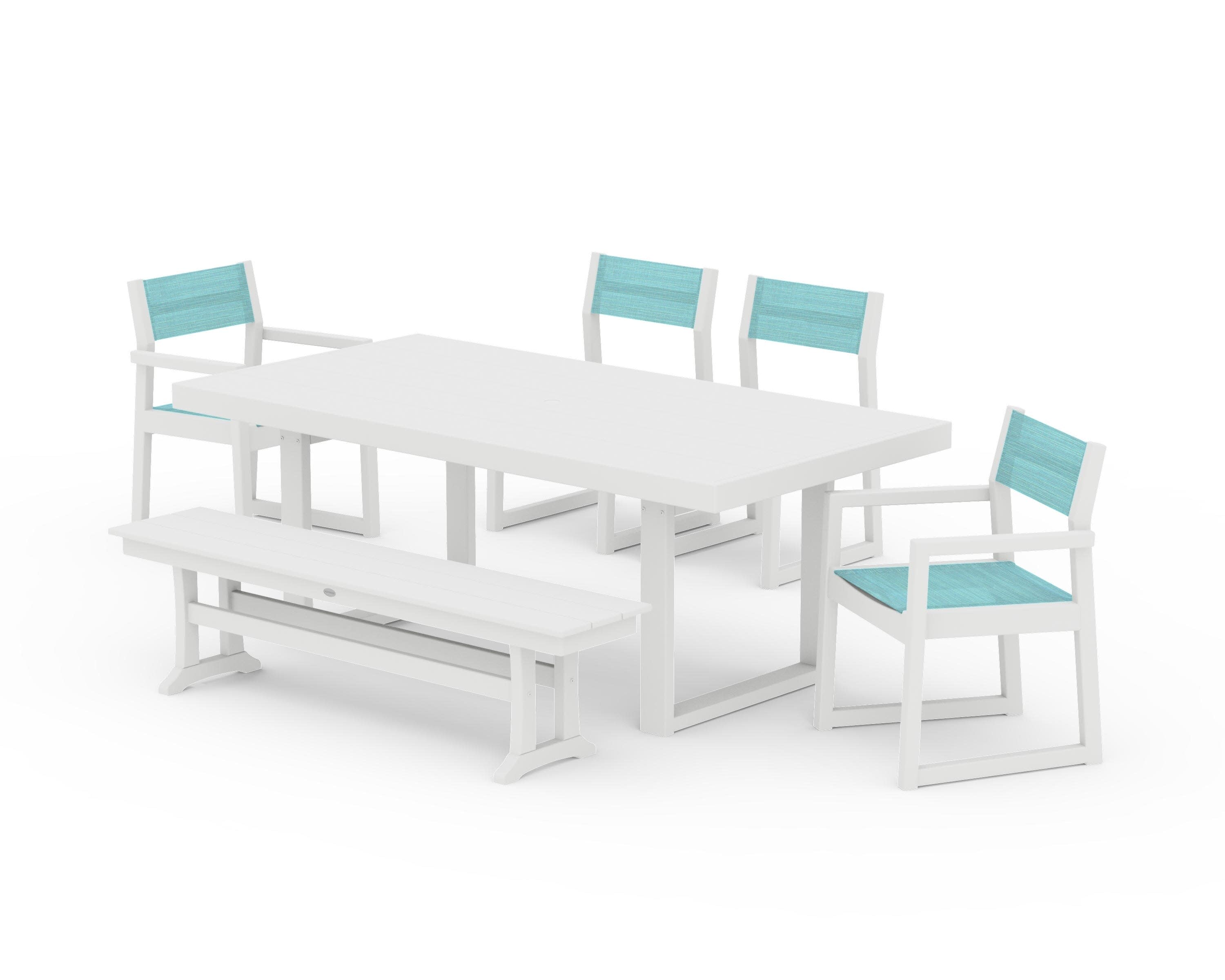 EDGE Sling 6-Piece Dining Set with Bench in White / Dupioni Aquamarine Sling
