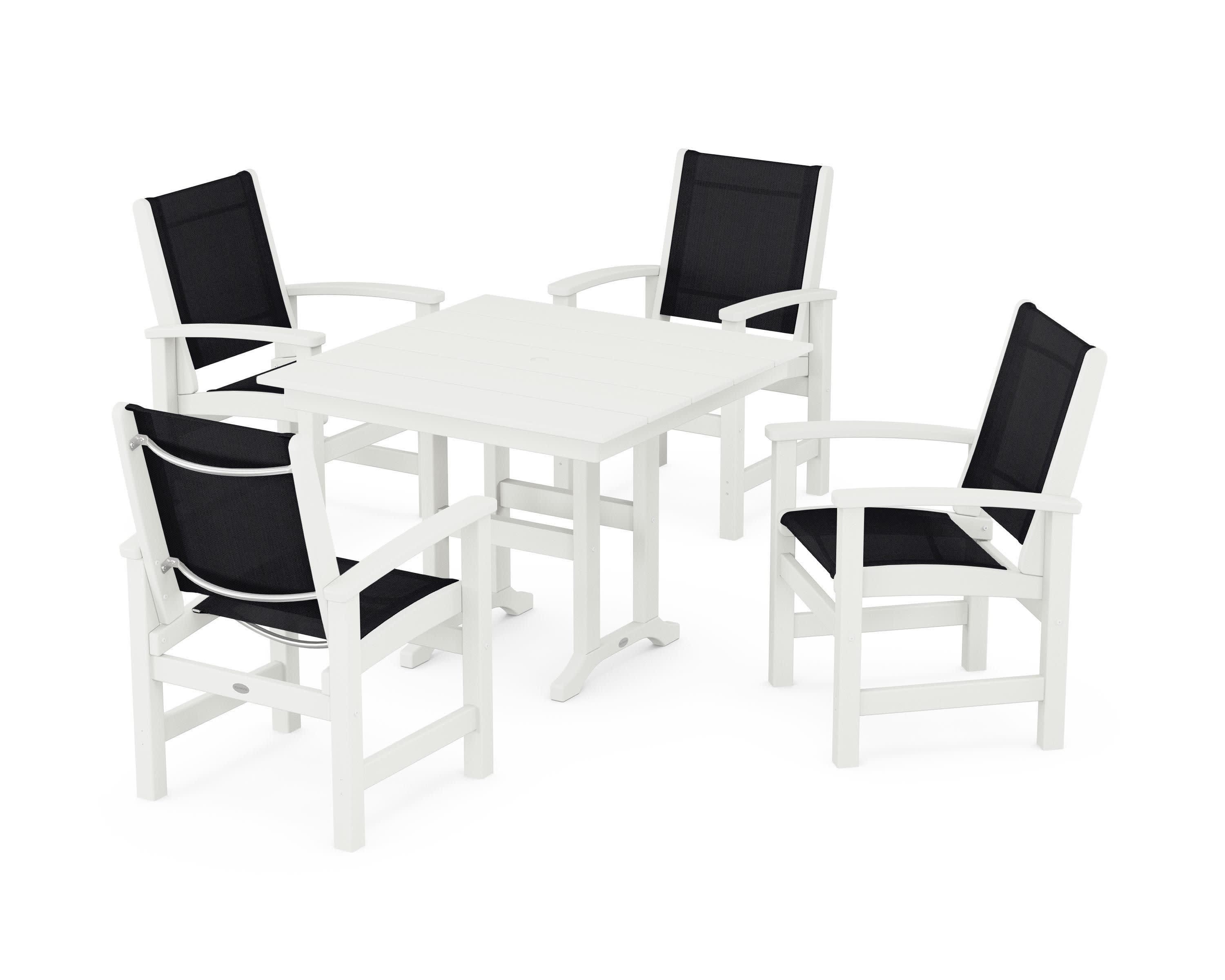Coastal 5-Piece Farmhouse Dining Set in Vintage White / Black Sling