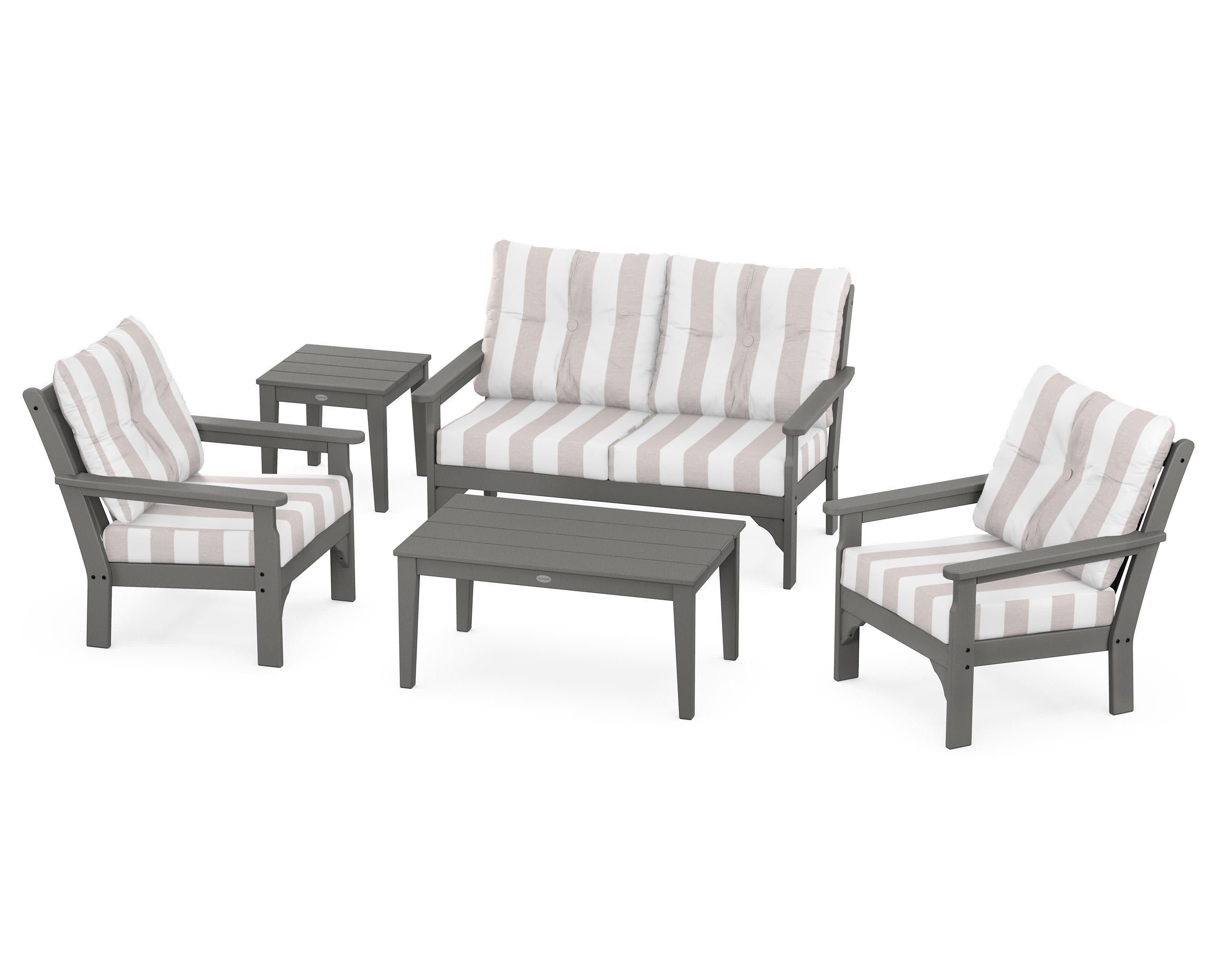 Vineyard 5-Piece Deep Seating Set in Slate Grey / Cabana Stripe Dune Burlap