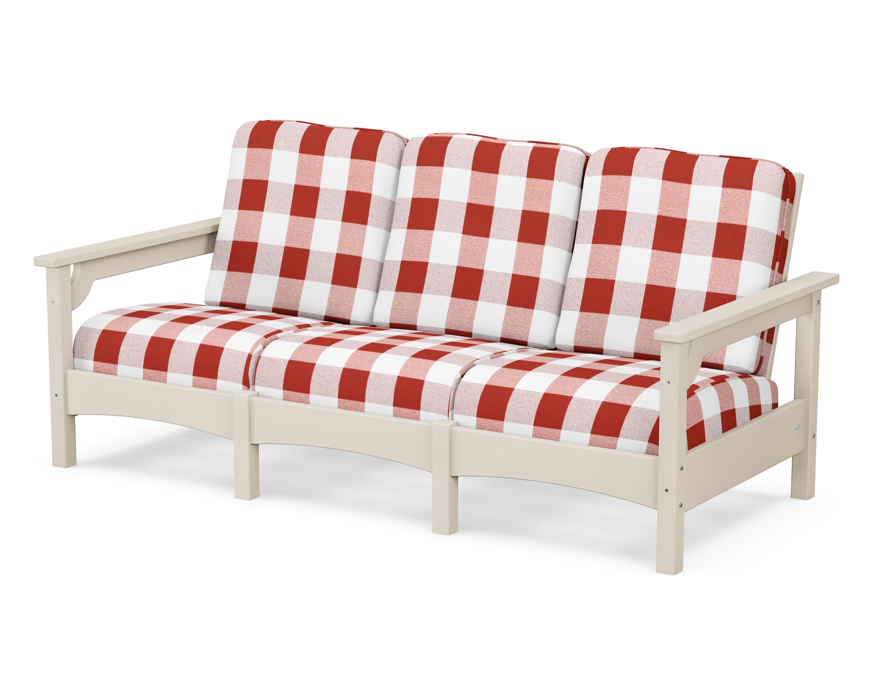 Club Sofa in Sand / Buffalo Plaid Crimson